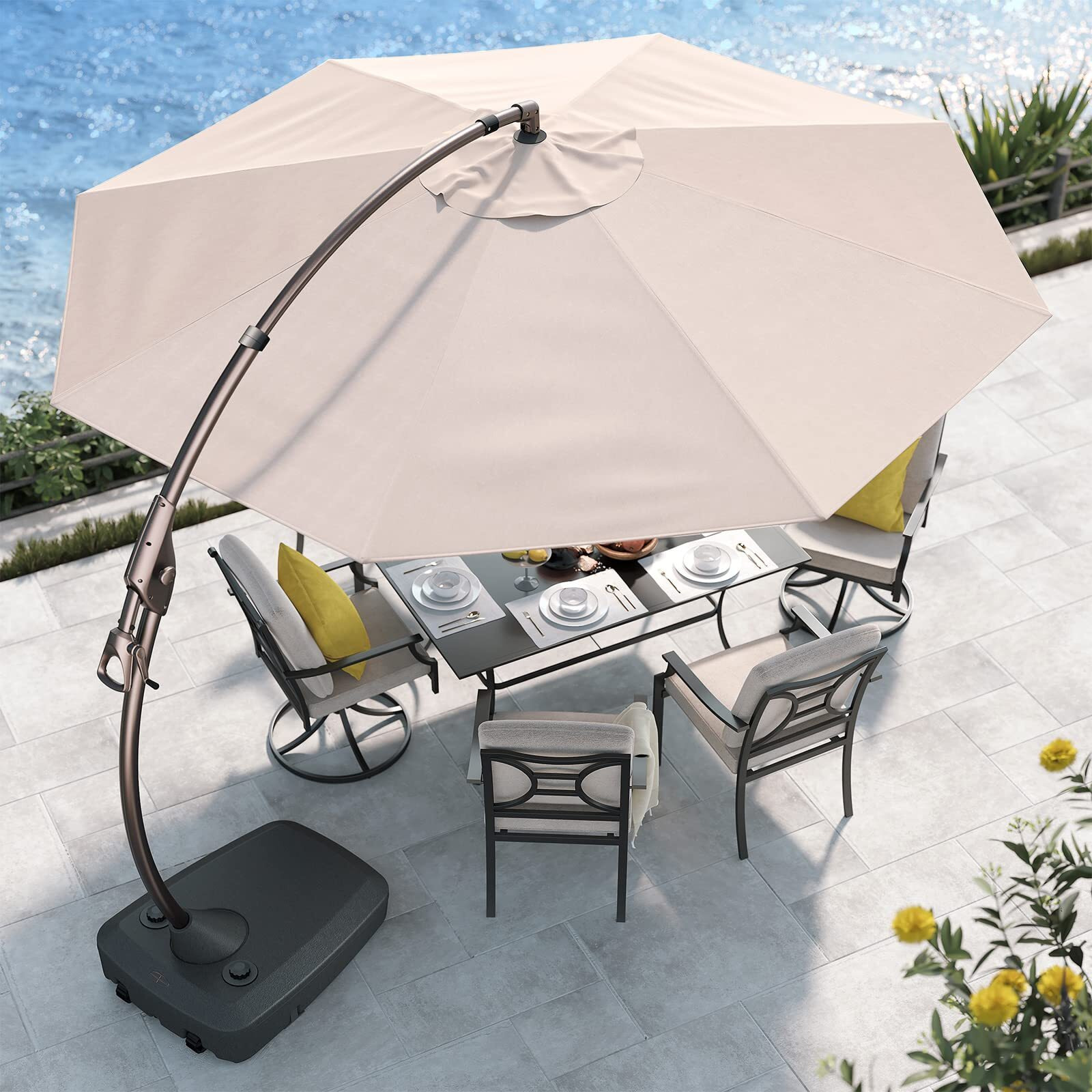Grand Patio 12Ft Outdoor Offset Umbrella Large Round Aluminum Cantilever Umbrella With Base For Garden Deck Poolside (Champagne, 12 Ft)