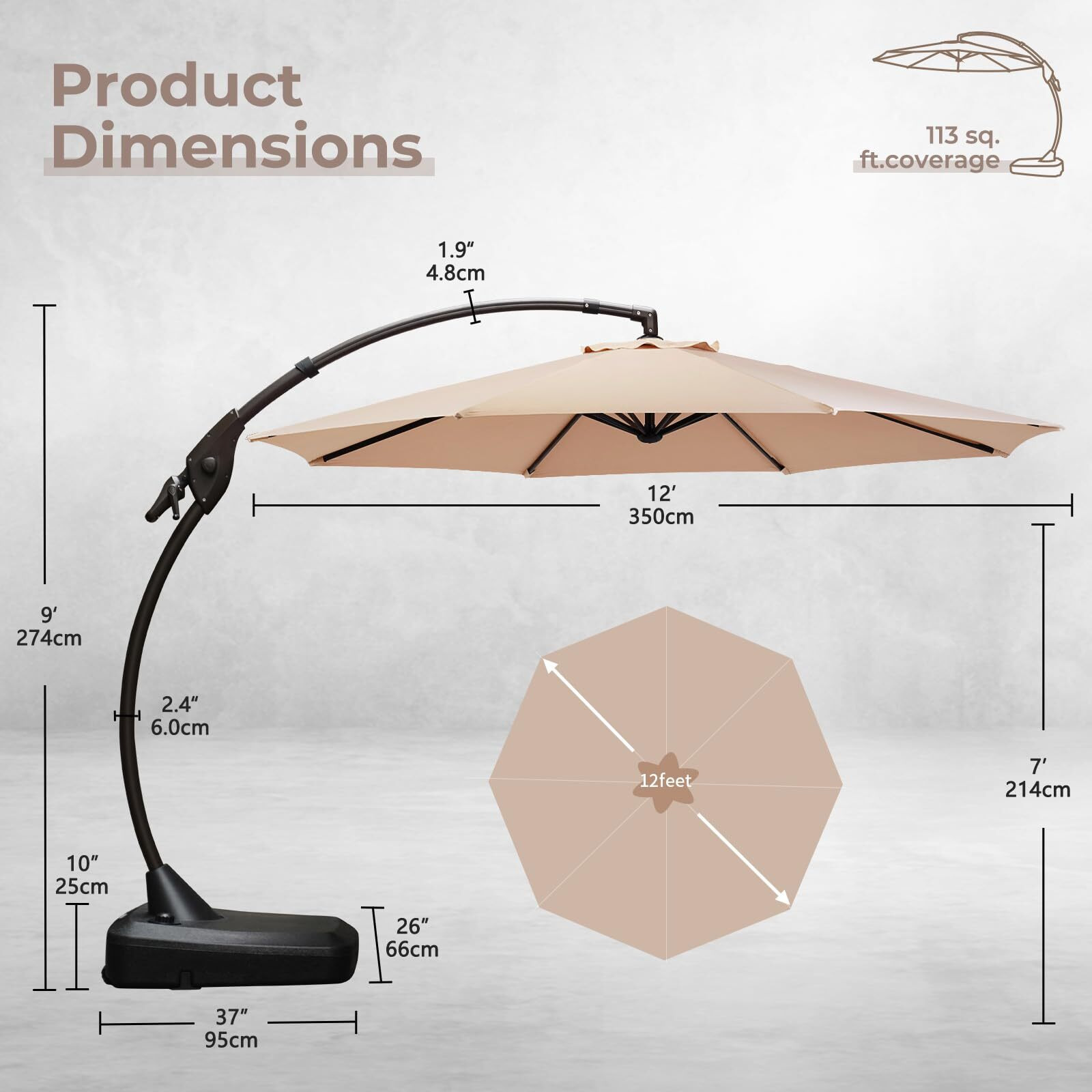Grand Patio 12Ft Outdoor Offset Umbrella Large Round Aluminum Cantilever Umbrella With Base For Garden Deck Poolside (Champagne, 12 Ft)