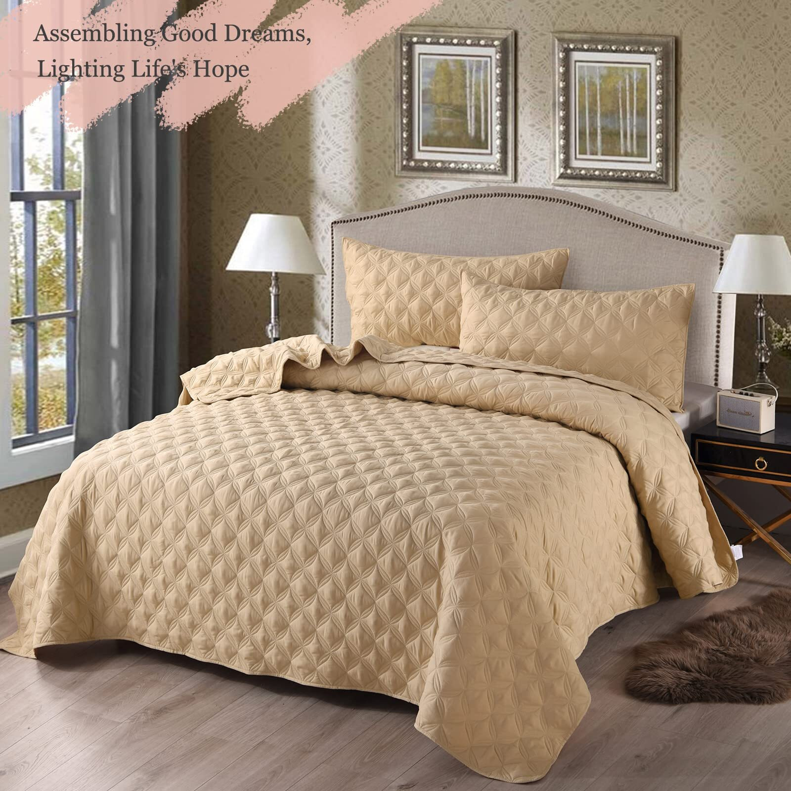 Exclusivo Mezcla Bed Quilt Set Queen Size For All Seasons, Stitched Pattern Quilted Bedspread/Bedding Set/Coverlet With 2 Pillow Shams, Lightweight And Soft, Camel