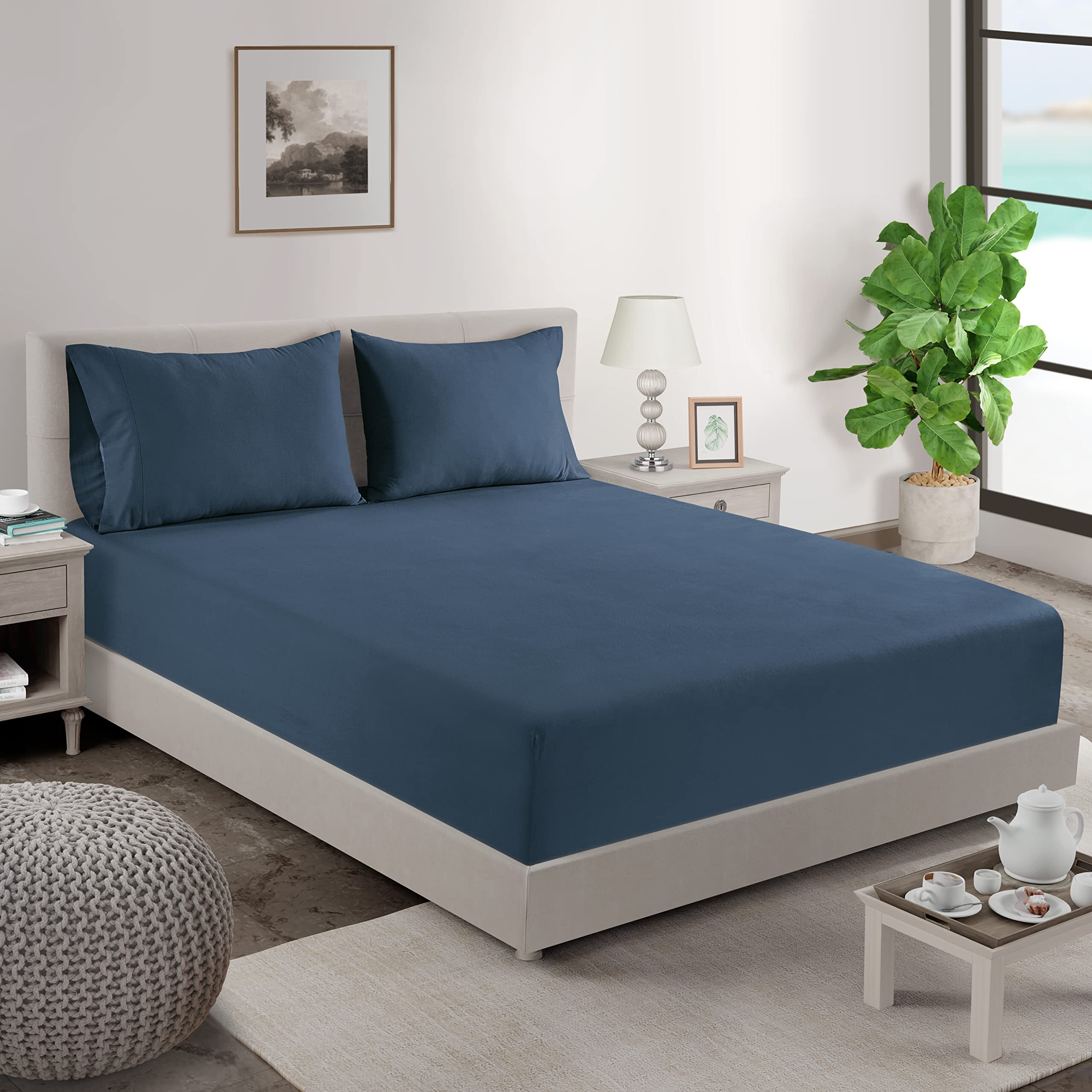Lane Linen 100% Organic Cotton King Fitted Sheet, 3-Piece Set (1 Fitted Sheet, 2 Pillowcases), Percale Weave, Cotton Fitted Sheet King, Ultra Soft, Breathable, Fits Mattress Upto 15"" Deep - Navy