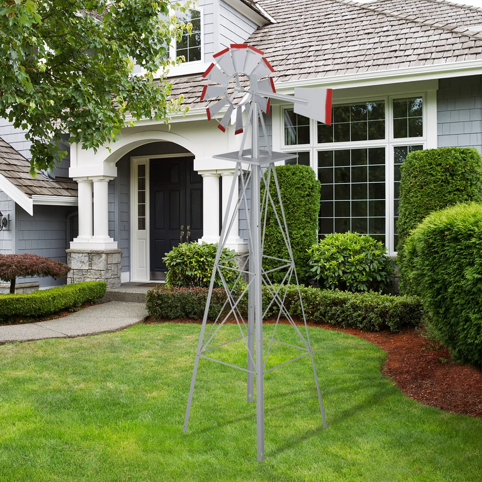 Crownland 8Ft Ornamental Windmill Backyard Garden Decoration Weather Vane, Heavy Duty Metal Wind Mill Weather Resistant 4 Legs Design (Grey)