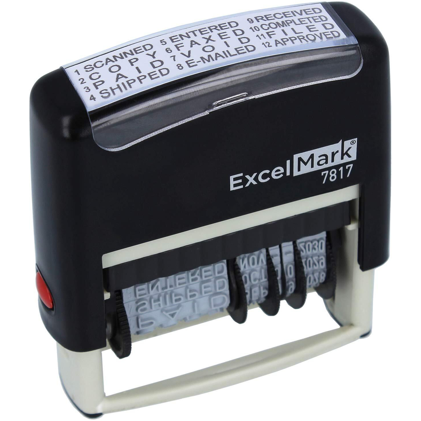 Excelmark 12 Phrase Self-Inking Date Stamp - 2"" X 1/4"" Impression - Black Ink (7817)