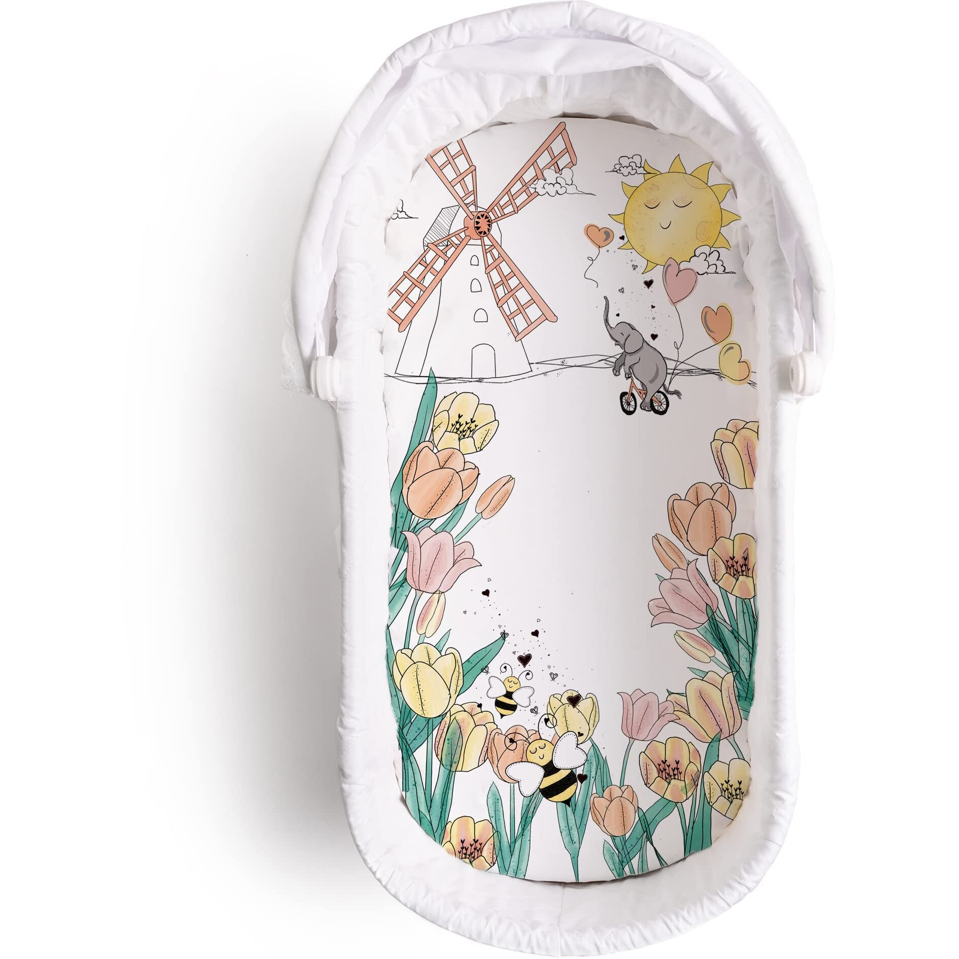 Jumpoff Jo - Fitted Bassinet Sheet, Soft Cotton Flexible Fit Sheet For Oval, Rectangle, And Hourglass Standard Sized Mattresses, 16 In. X 32 In. - Tulip Fields