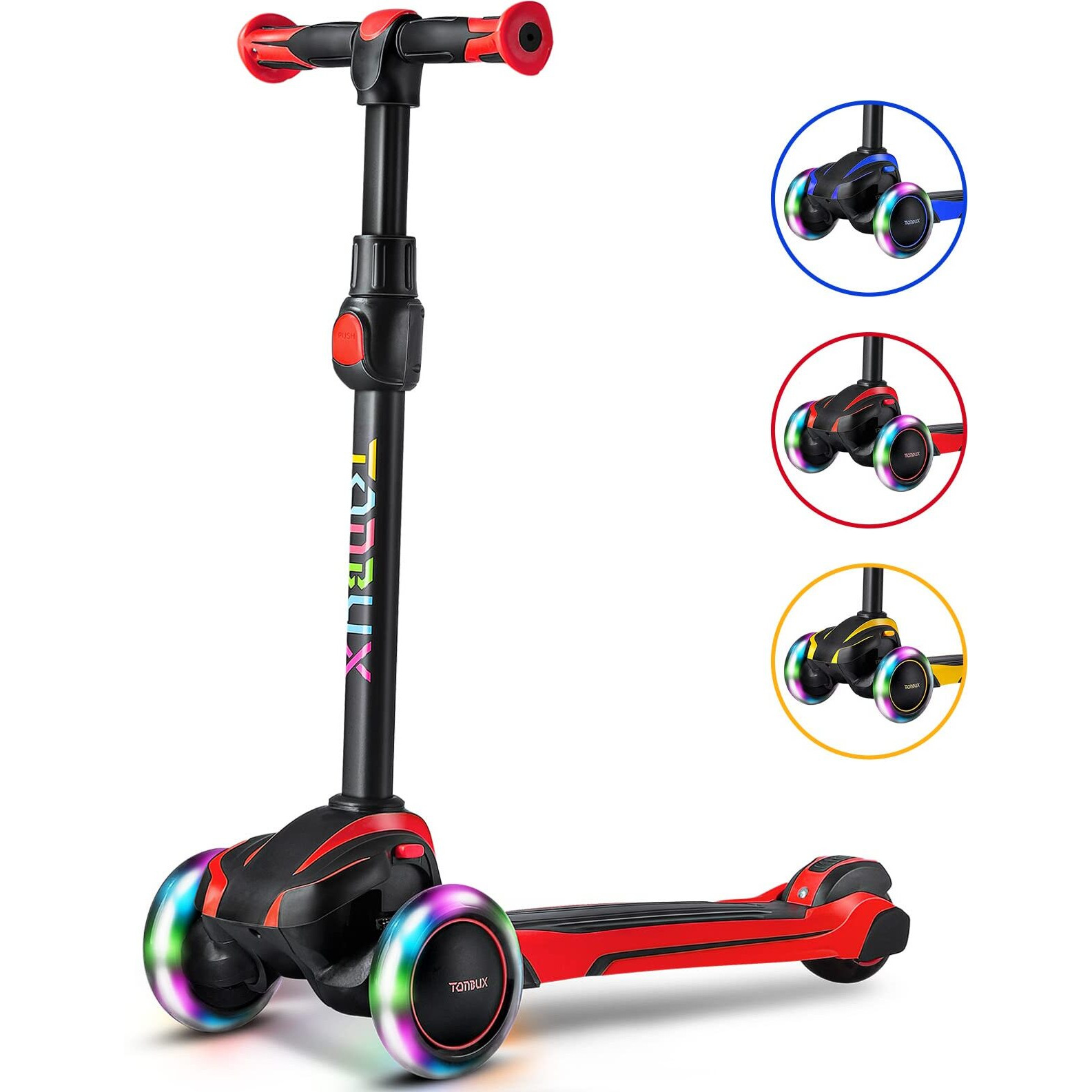 Tonbux Kids Scooter For Age 3-12, Toddler Scooter With 4 Adjustable Heights, Light Up 3-Wheels Scooter, Shock Absorption Design, Lean To Steer, Balance Training Scooter For Kids - Red