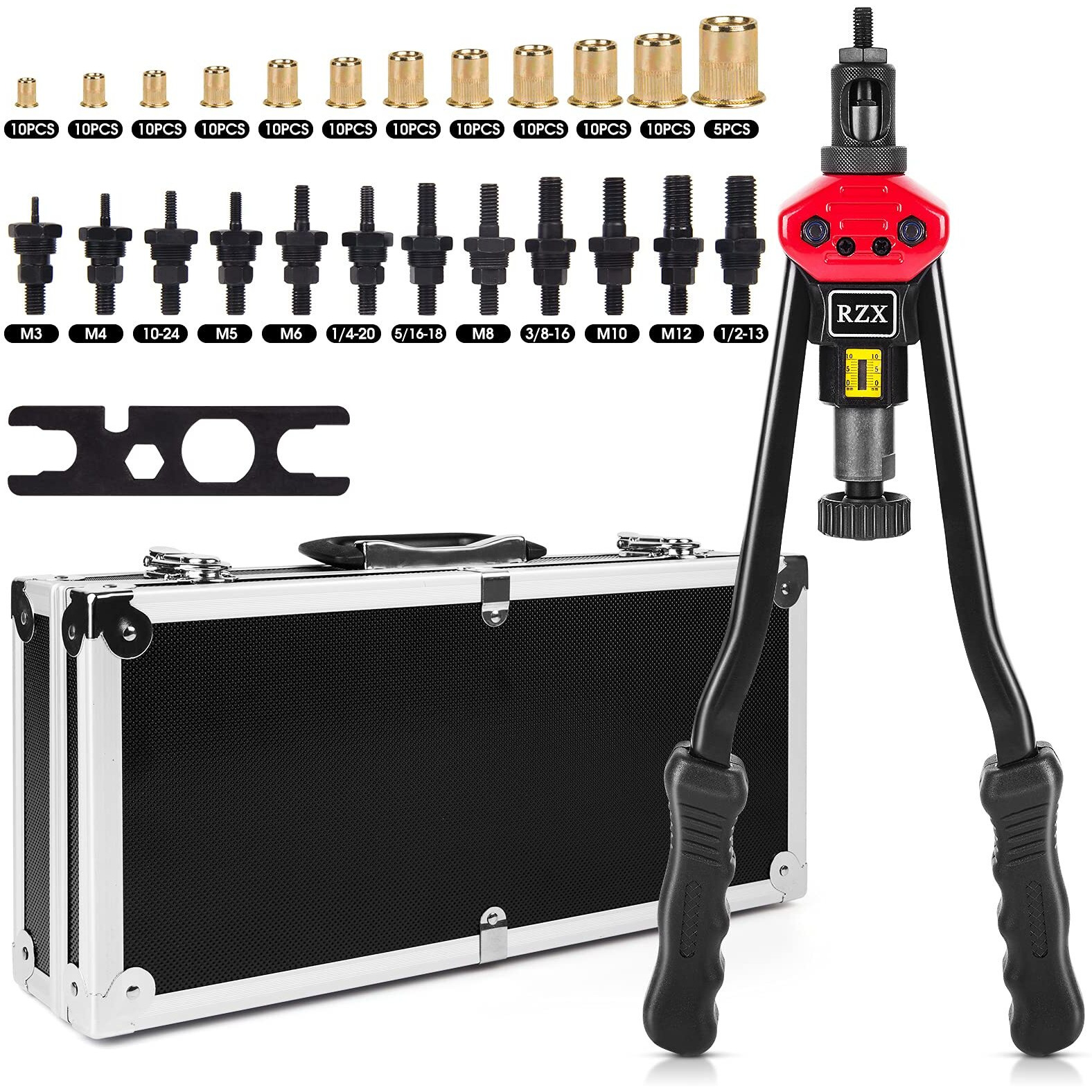 Rzx 16"" Rivet Nut Tool Hand Blind Riveter With Nut Setting System Totally 12Mandrels M3 M4 M5,M6,M8,M10 M12, 10-24, 1/4-20, 5/16-18,3/8-16,1/2-13 +115Pcs Rivets Nuts With Aluminum Carrying Case