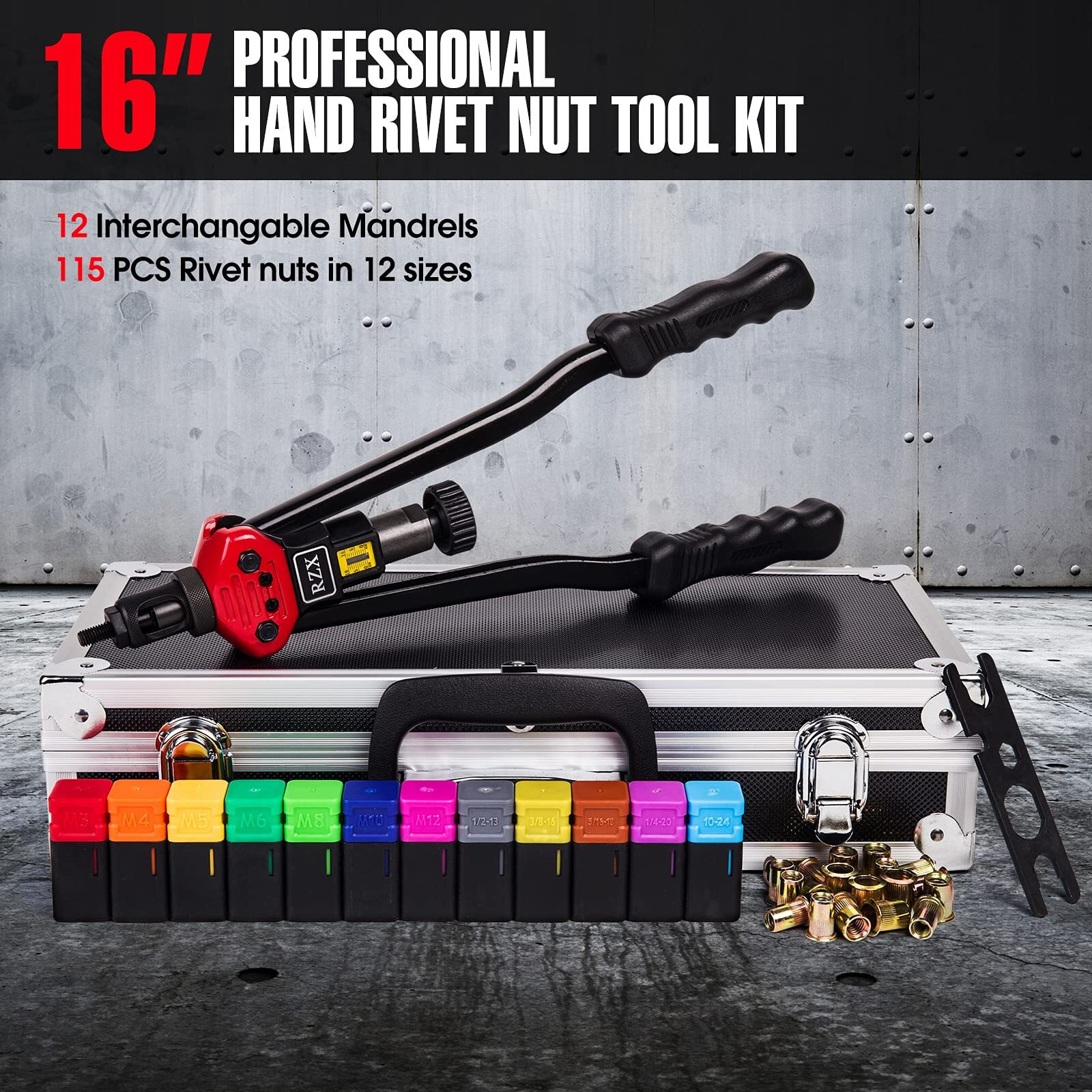 Rzx 16"" Rivet Nut Tool Hand Blind Riveter With Nut Setting System Totally 12Mandrels M3 M4 M5,M6,M8,M10 M12, 10-24, 1/4-20, 5/16-18,3/8-16,1/2-13 +115Pcs Rivets Nuts With Aluminum Carrying Case