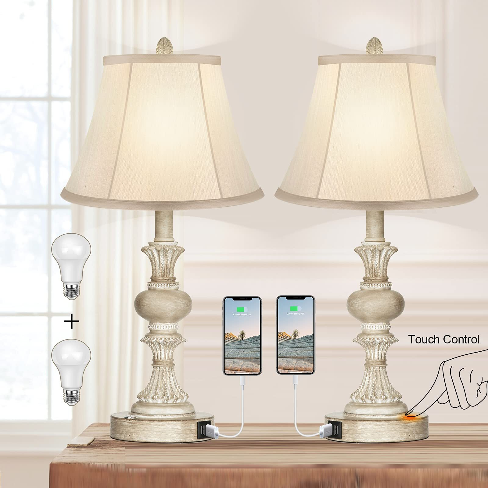 Partphoner Touch Control Table Lamp Set Of 2, 3-Way Dimmable Bedside Nightstand Lamp With 2 Usb Charging Ports, Rustic Farmhouse Desk Lamp With Faux Silk Shade For Living Room, Bedroom - Washed White