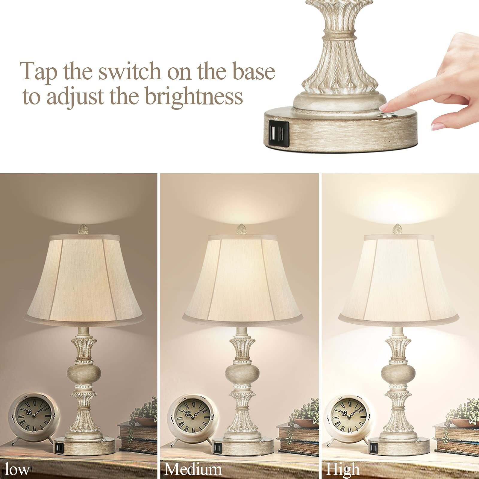 Partphoner Touch Control Table Lamp Set Of 2, 3-Way Dimmable Bedside Nightstand Lamp With 2 Usb Charging Ports, Rustic Farmhouse Desk Lamp With Faux Silk Shade For Living Room, Bedroom - Washed White