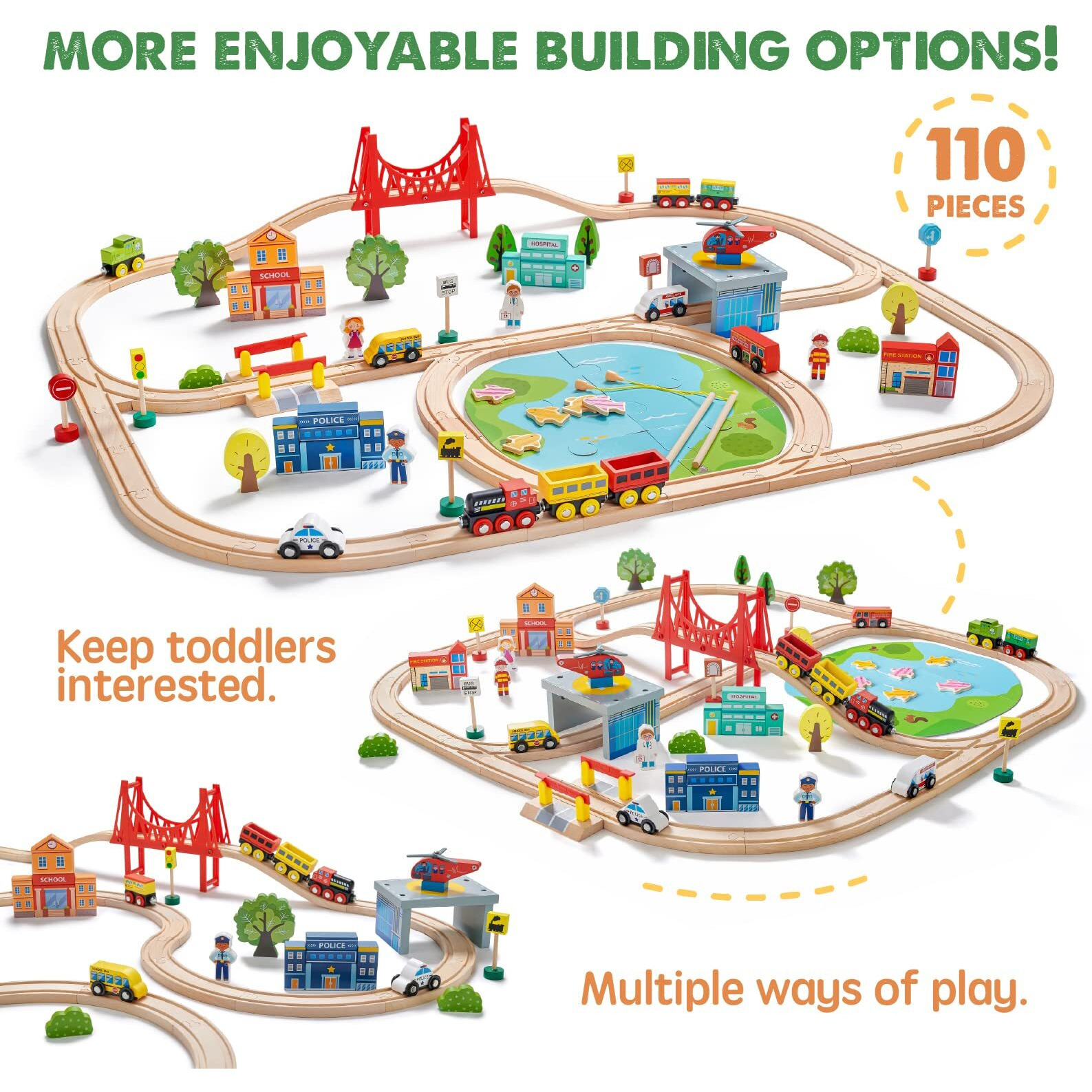 Tiny Land Train Set 110Pcs Wooden Train Set, Toy Train For Boys & Girls With Wooden Train Track, Wooden Toys For 3-7 Years Old Toddlers & Kids, Railway Set Christmas Toys For Kids