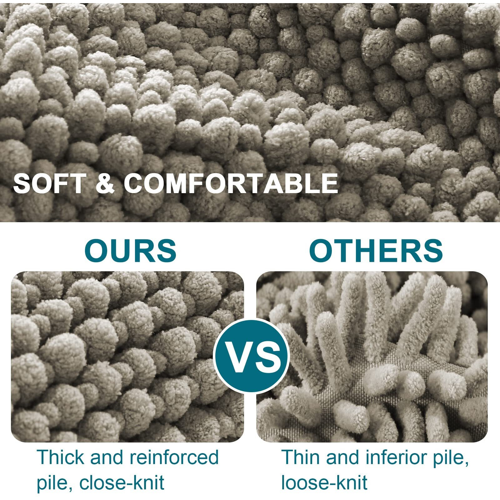Turquoize Bath Rug Runner, 47 "&quotX 20 "", Taupe - Soft Chenille, High Pile, Non Slip, Absorbent, Machine Washable