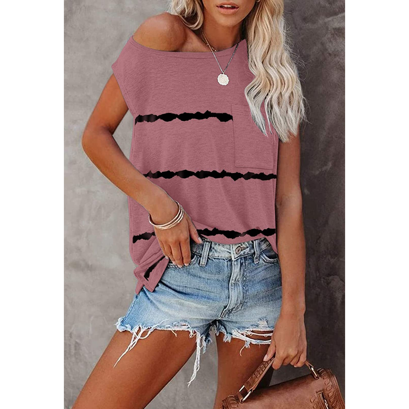 Mirol Women 's Sleeveless Tank Tops Basic Loose Tunic T Shirts Batwing Sleeve Solid Color Casual Tee With Pocket Stripe Pink