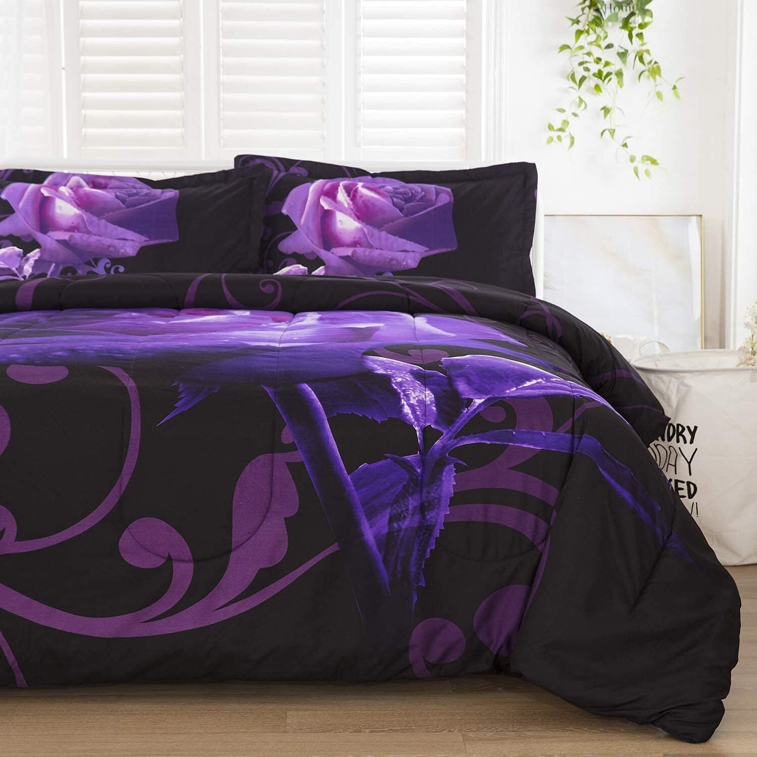 Wongs Bedding Purple Comforter Set Twin Reversible Purple Rose Pattern Printed Bedding Down Comforter With 1 Pillowcases For All Seasons, Soft Microfiber Filling Bedding Set 90 "&quotX68 ""
