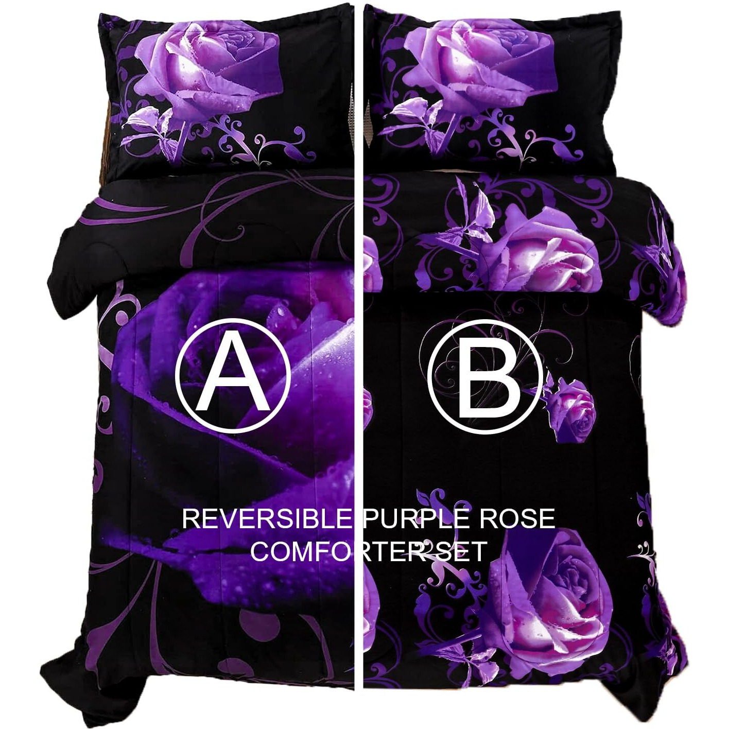 Wongs Bedding Purple Comforter Set Twin Reversible Purple Rose Pattern Printed Bedding Down Comforter With 1 Pillowcases For All Seasons, Soft Microfiber Filling Bedding Set 90 "&quotX68 ""