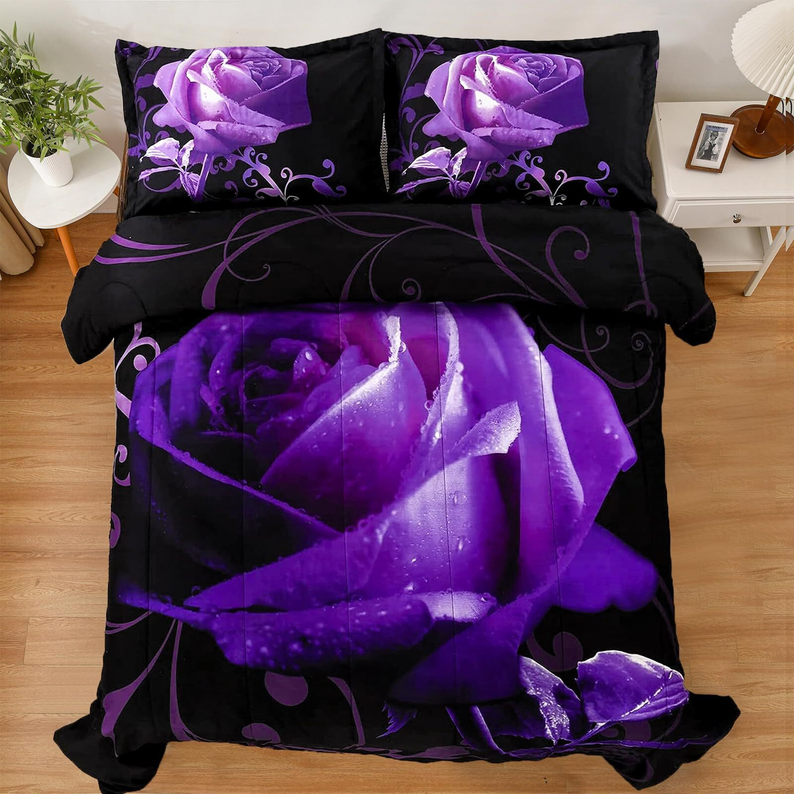 Wongs Bedding Purple Comforter Set Twin Reversible Purple Rose Pattern Printed Bedding Down Comforter With 1 Pillowcases For All Seasons, Soft Microfiber Filling Bedding Set 90 "&quotX68 ""