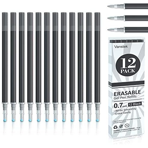 Vanstek 12 Black Erasable Gel Pen Refills, Gel Ink Refills Compatible With Frixion & Friction Erasable Pens, Fine Point 0.7 Mm, Perfect For Writing Planner & Crossword Puzzles