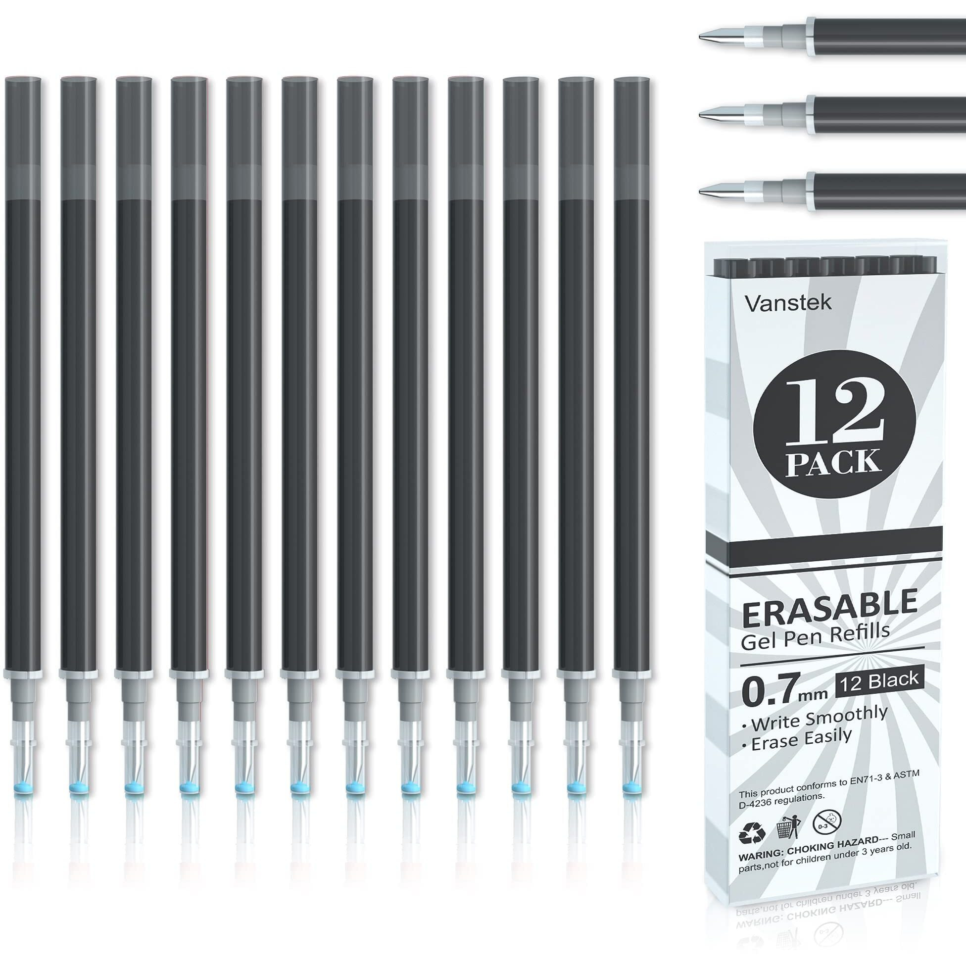 Vanstek 12 Black Erasable Gel Pen Refills, Gel Ink Refills Compatible With Frixion & Friction Erasable Pens, Fine Point 0.7 Mm, Perfect For Writing Planner & Crossword Puzzles