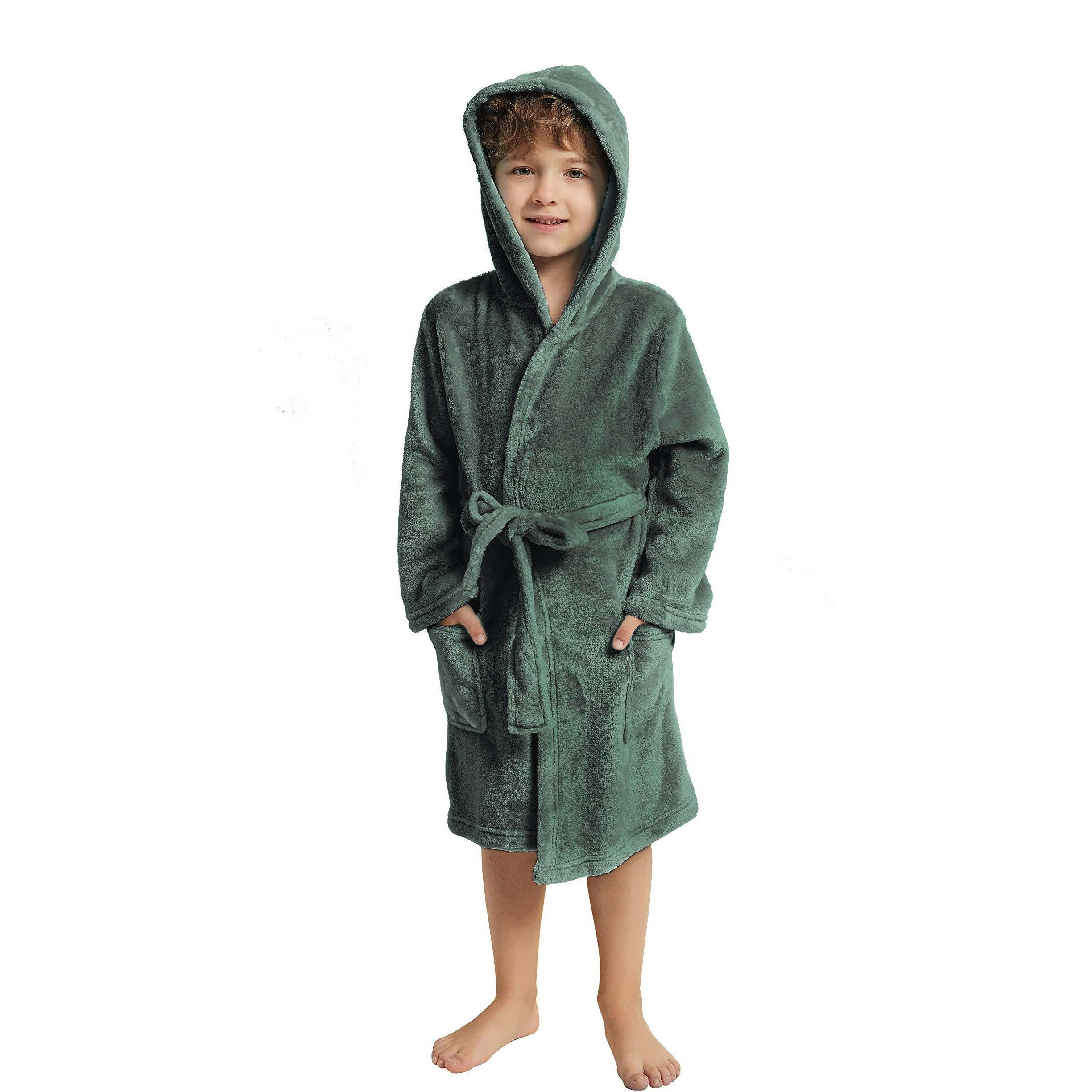 V.&Grin Boys Fleece Robe, Hooded Toddler Soft Fuzzy Bathrobe For Kids 3-14 Years(Olive Green 5-6)