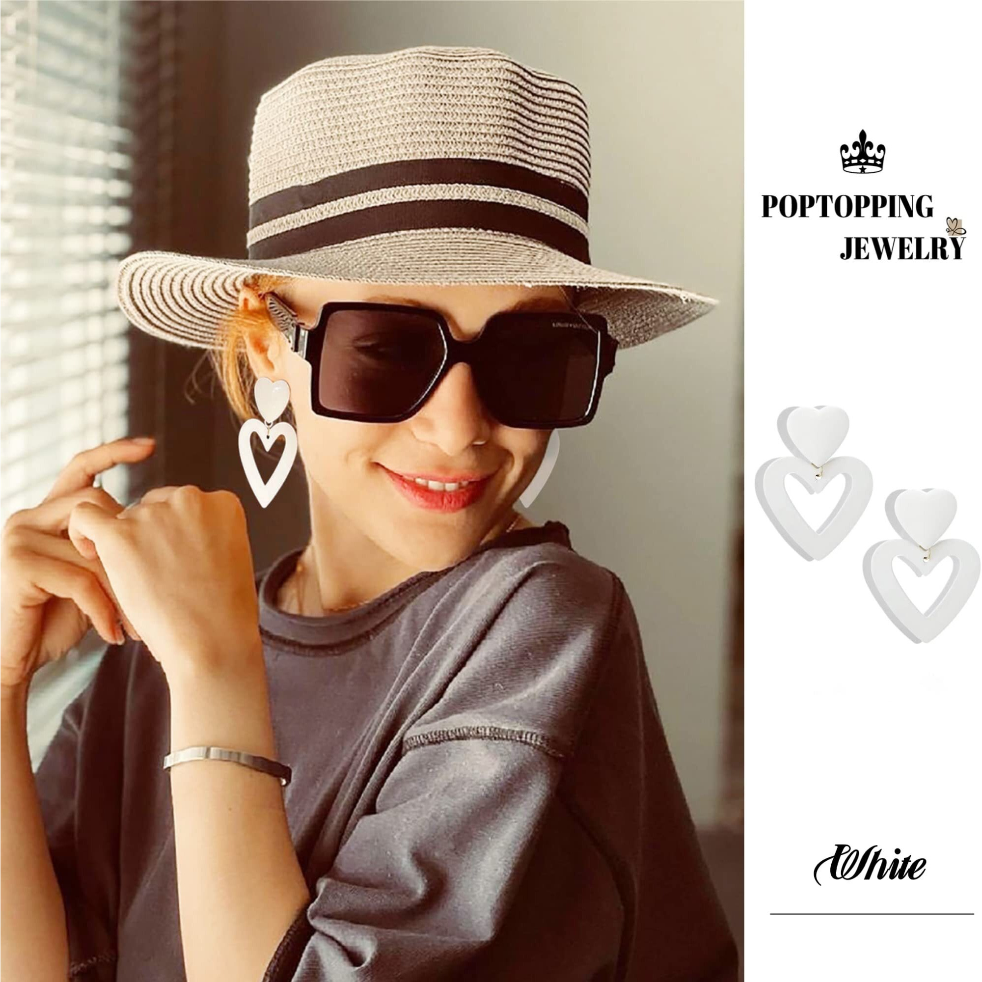 Poptopping Heart Dangle Earrings Love Drop Dangle Earrings White Hearts Dangling Earrings For Women Gifts Valentine's Day (White)