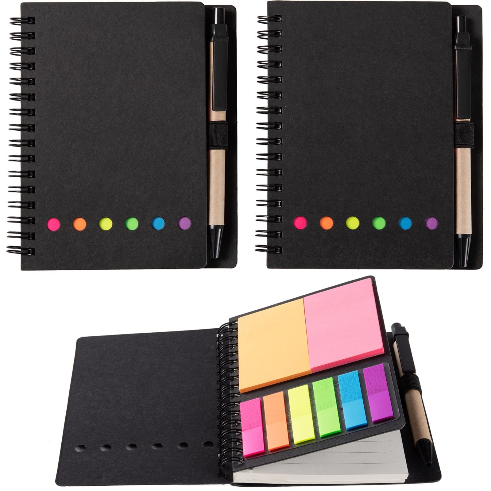 Wilfans 2 Packs Spiral Notebook Steno Pads Lined Notepad With Pen In Holder, Sticky Notes, Page Marker Colored Index Tabs Flags, 4.73"&quotX5.9"" Kraft Paper Cover Small Pocket Notebooks (Black 2 Packs)