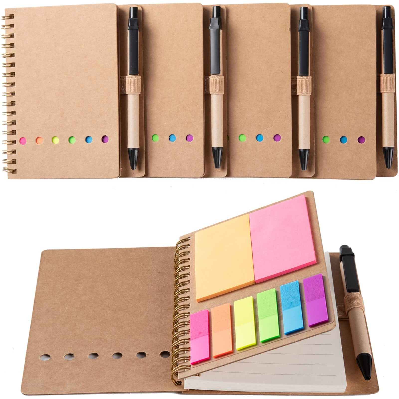 Wilfans 4 Packs Spiral Notebook Steno Pads Lined Notepad With Pen In Holder, Sticky Notes, Page Marker Colored Index Tabs Flags, 4.73"&quotX5.9"" Kraft Paper Cover Small Pocket Notebooks (Brown 4 Packs)