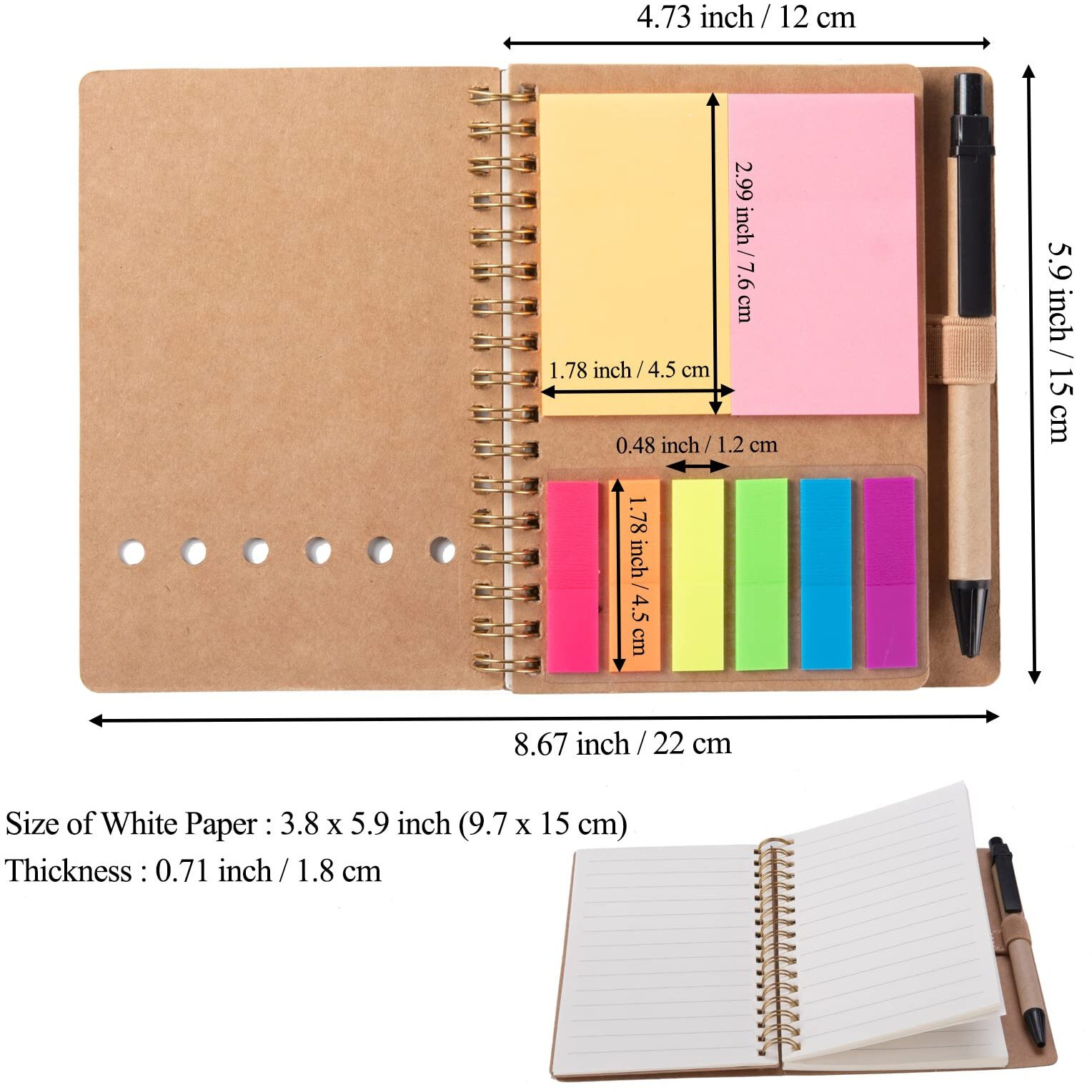 Wilfans 4 Packs Spiral Notebook Steno Pads Lined Notepad With Pen In Holder, Sticky Notes, Page Marker Colored Index Tabs Flags, 4.73"&quotX5.9"" Kraft Paper Cover Small Pocket Notebooks (Brown 4 Packs)