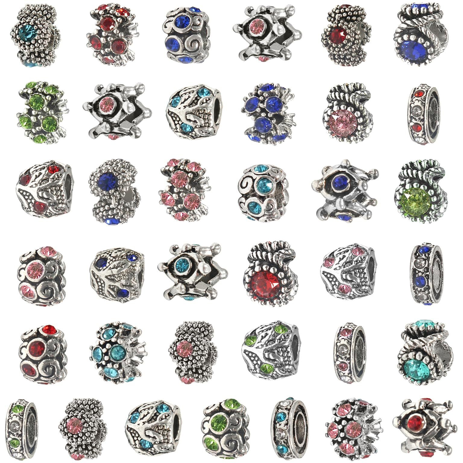 Toaob 30Pcs Assorted Antique Silver Rhinestone European Lampwork Charms Beads Large Hole Spacer Beads Charms Supplies For Bracelet Necklace Jewelry Making