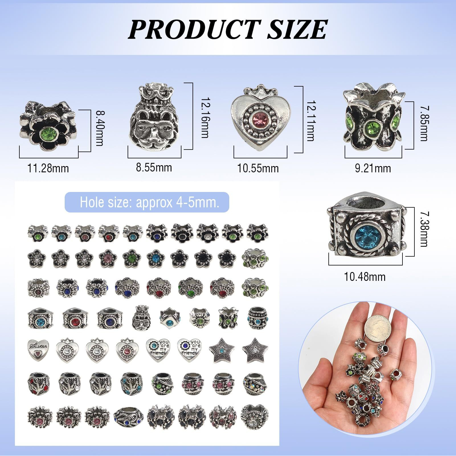 Toaob 30Pcs Assorted Antique Silver Rhinestone European Lampwork Charms Beads Large Hole Spacer Beads Charms Supplies For Bracelet Necklace Jewelry Making