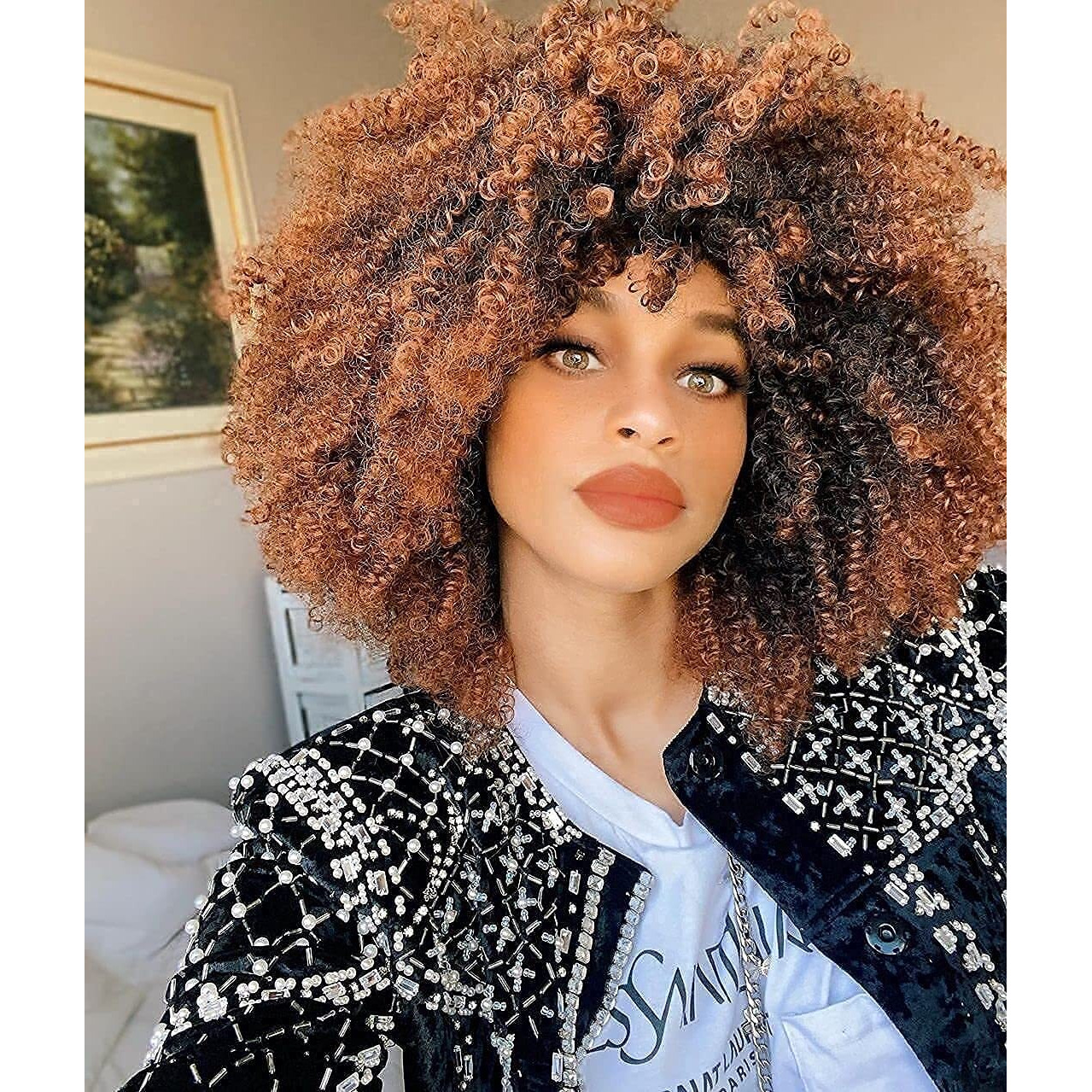 Runm Short Curly Afro Wig With Bangs For Black Women Kinky Curly Hair Wig Afro Synthetic Full Wigs(Ombre Brown)