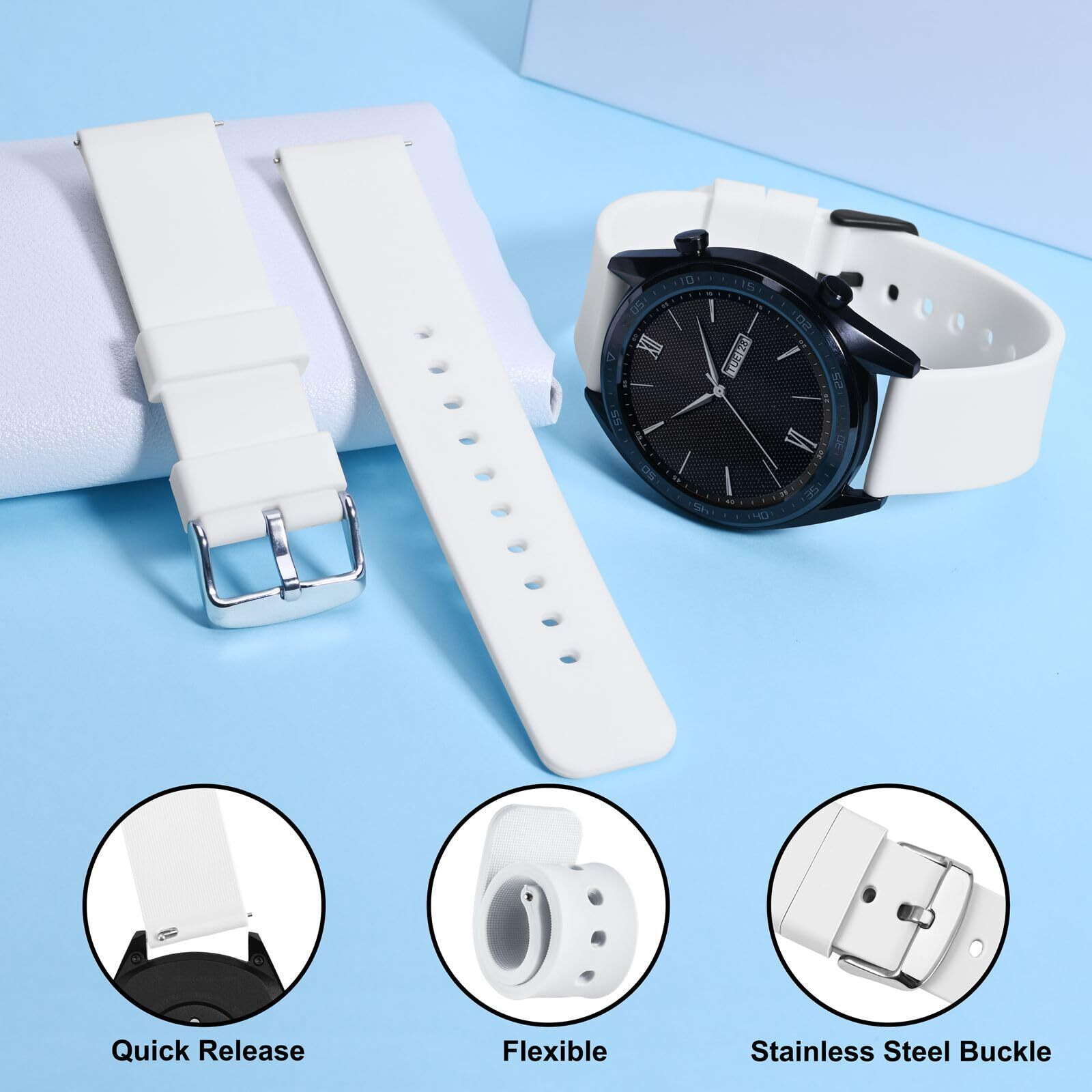 Wocci 18Mm Silicone Watch Band, Quick Release Rubber Replacement Strap With Silver Stainless Steel Buckle (White)
