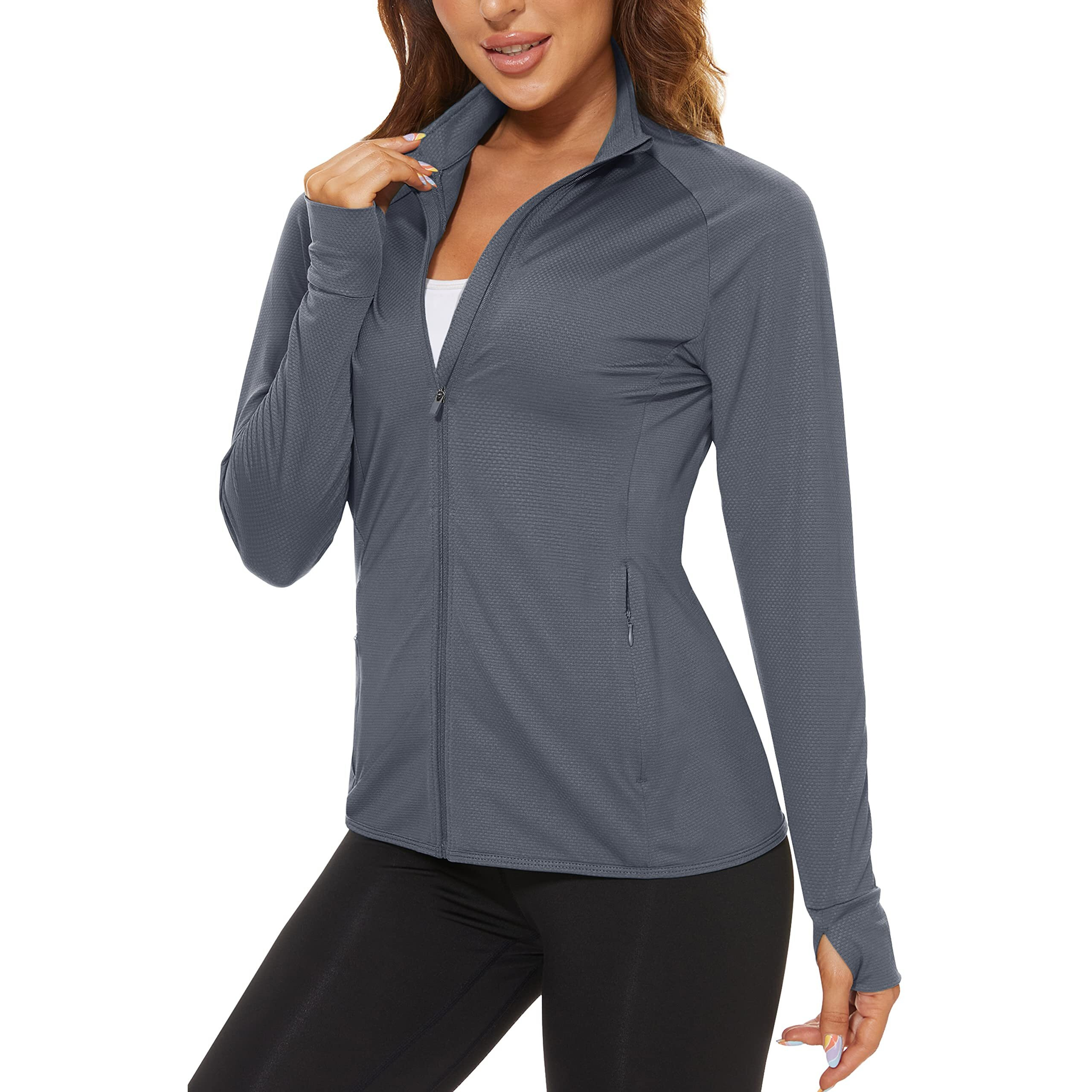 Tacvasen Uv Protection Shirt For Women Workout Jacket Long Sleeve Hiking Shirt Gym Jacket Womens Activewear With Pockets Dark Gray