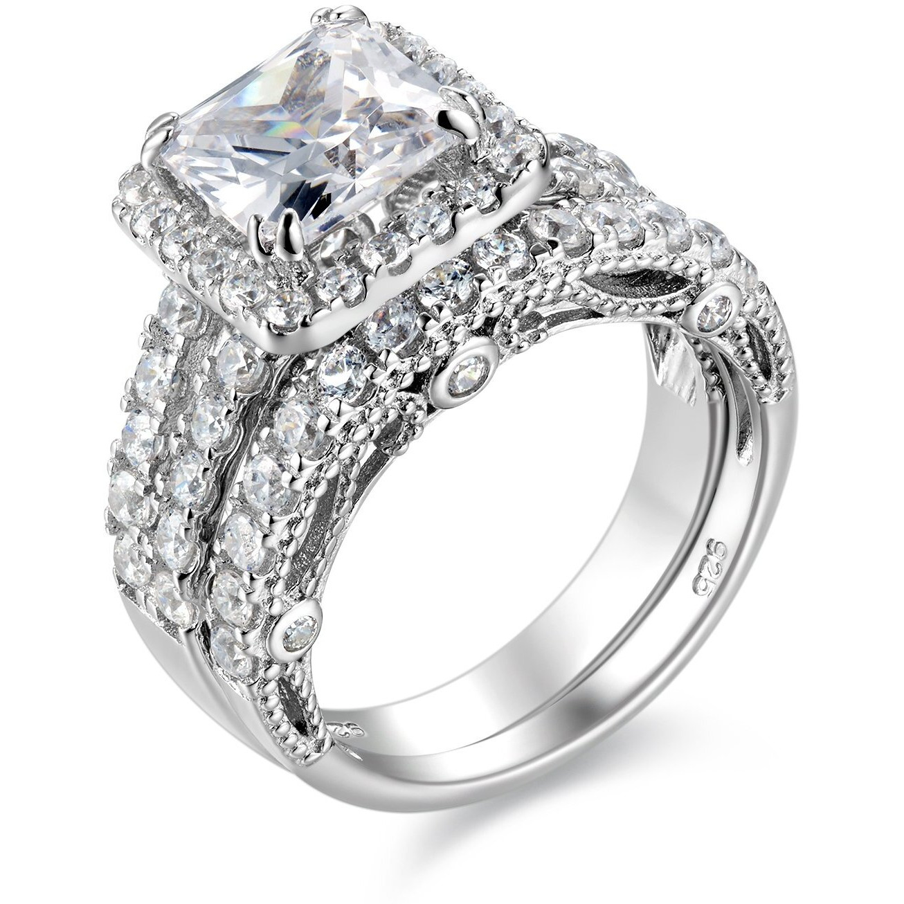 Wuziwen 4Ct Engagement Rings For Women Sterling Silver Cubic Zirconia Wedding Bridal Ring Set Size 8