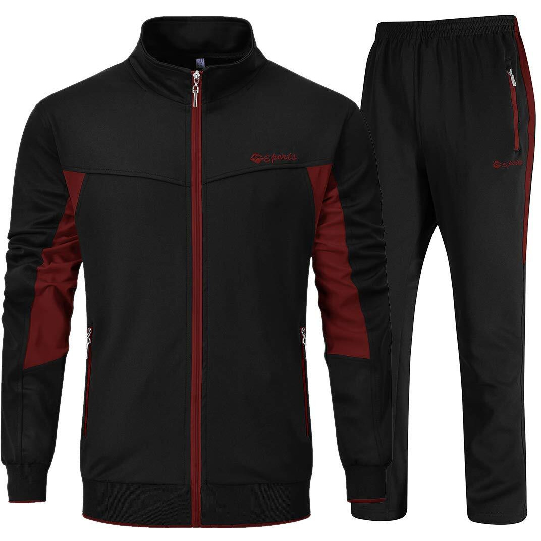 Ysento Mens Sweat Suits 2 Pieces Warm Up Suits Full Zip Workout Jogging Sports Tracksuits Black Red L