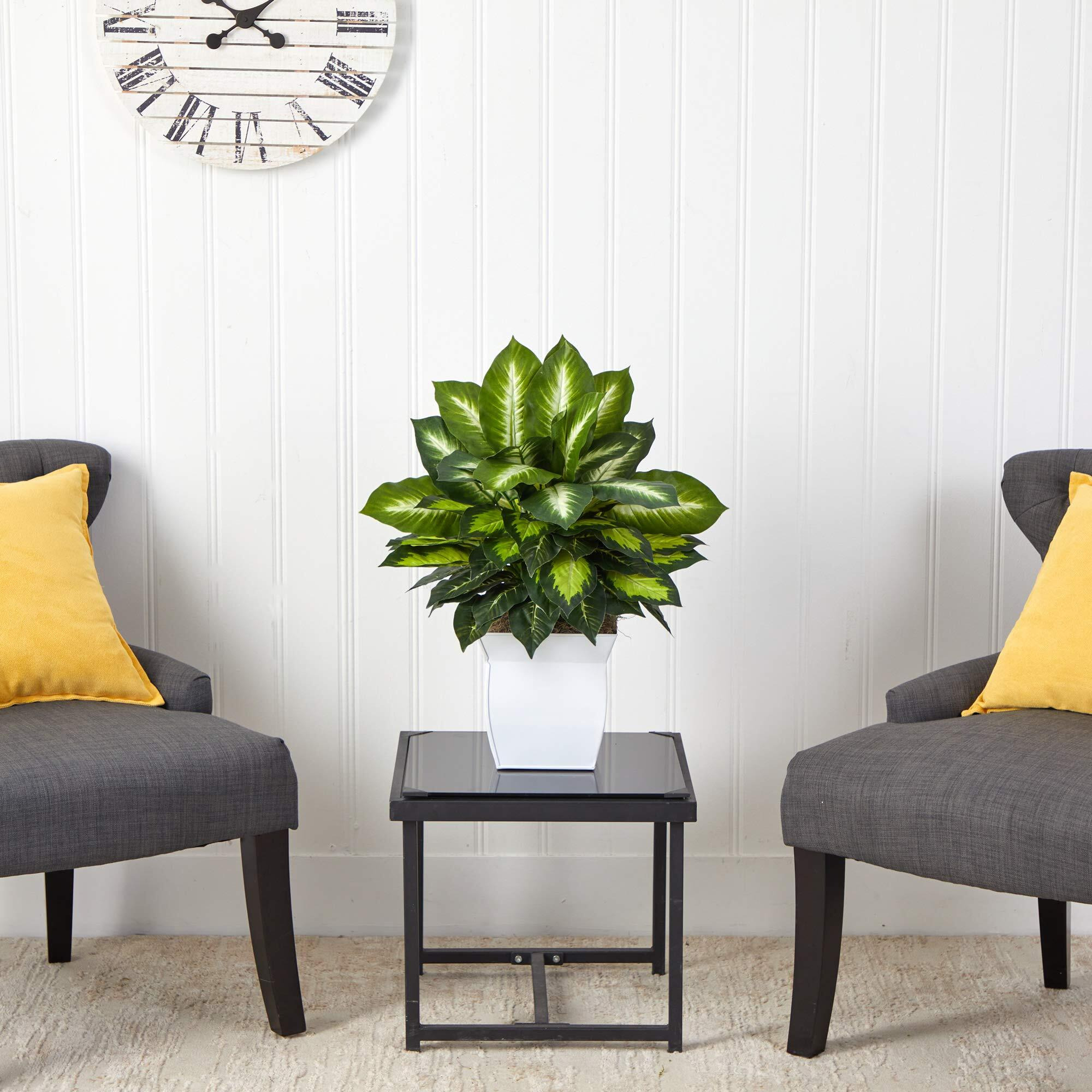 2 Golden Dieffenbachia Artificial Plant In White Metal Planter