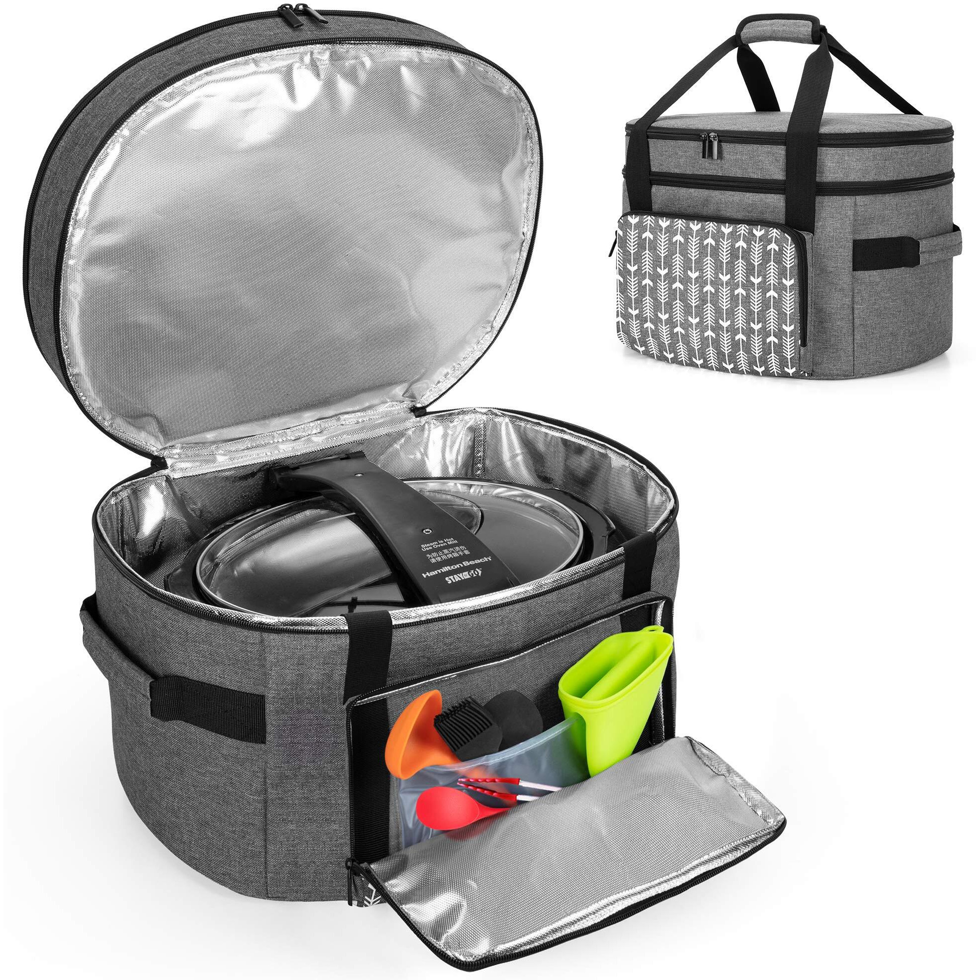 Yarwo Slow Cooker Travel Bag With Bottom Board Compatible With Crock-Pot And Hamilton Beach 6-8 Quart Oval Slow Cooker, Double Layers Slow Cooker Carrier, Gray With Arrow (Bag Only, Patent Pending)