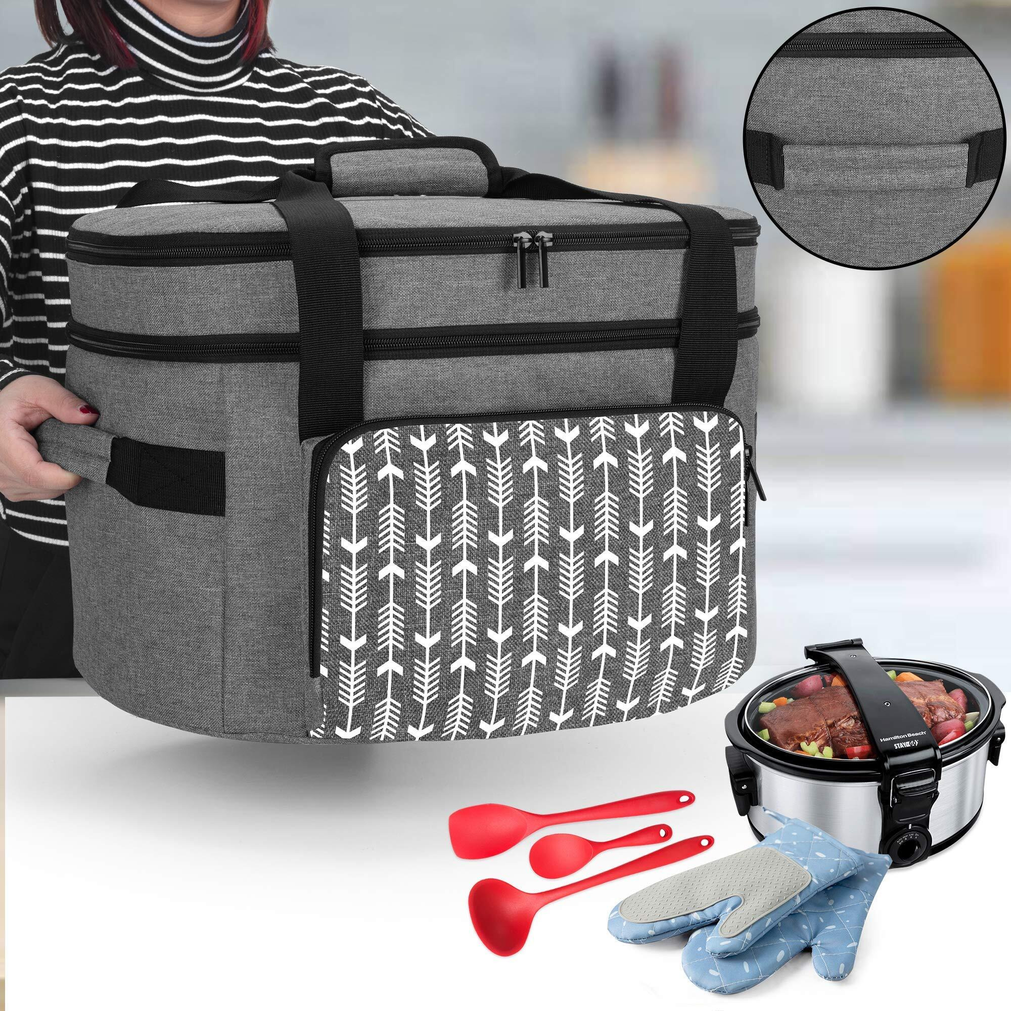 Yarwo Slow Cooker Travel Bag With Bottom Board Compatible With Crock-Pot And Hamilton Beach 6-8 Quart Oval Slow Cooker, Double Layers Slow Cooker Carrier, Gray With Arrow (Bag Only, Patent Pending)