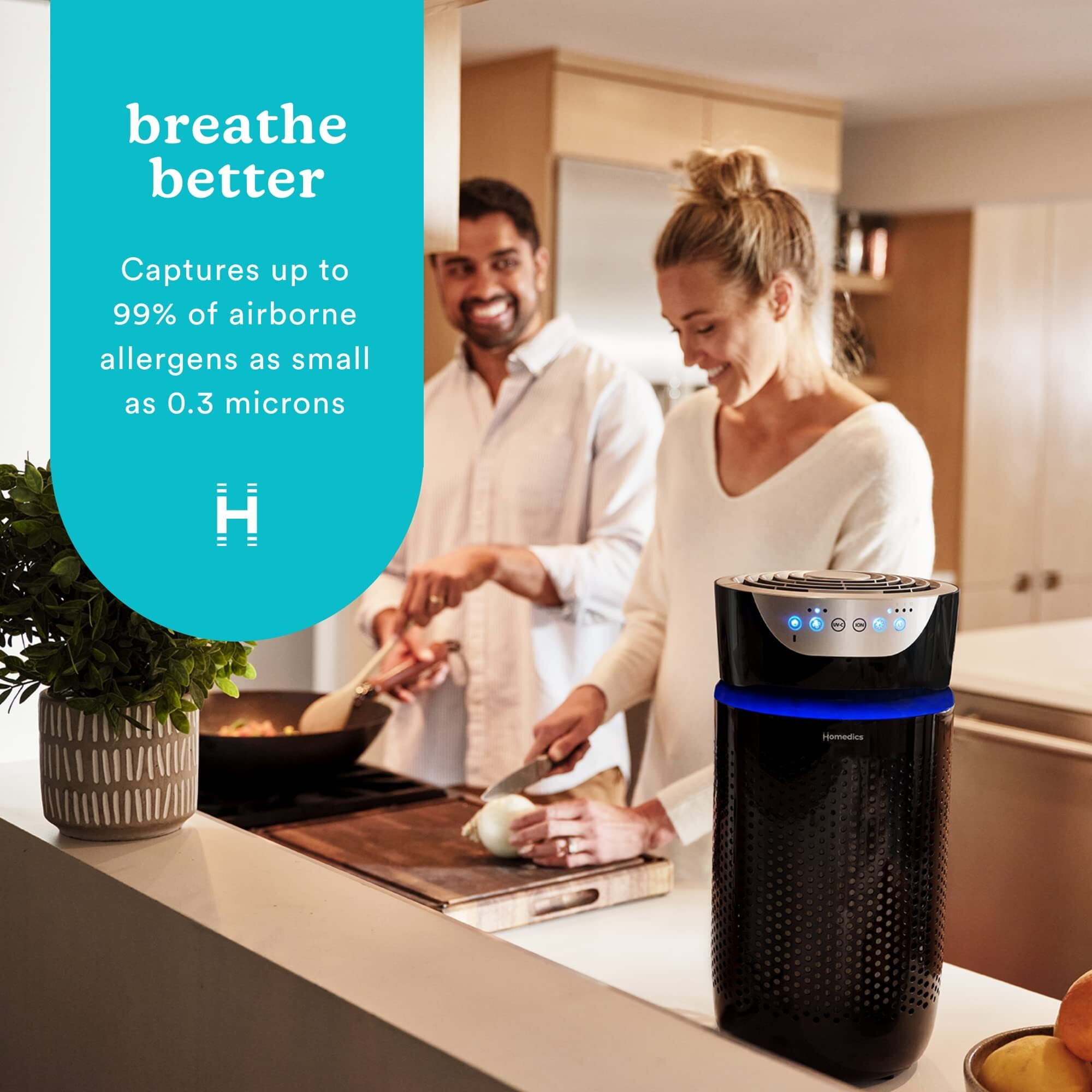 Homedics Totalclean Tower Air Purifier For Viruses, Bacteria, Allergens, Dust, Germs, Hepa Filter, Uv-C Technology, 5-In-1 Purifying, Ionizer, Carbon Odor Filter For Small Rooms, Home Office, Black