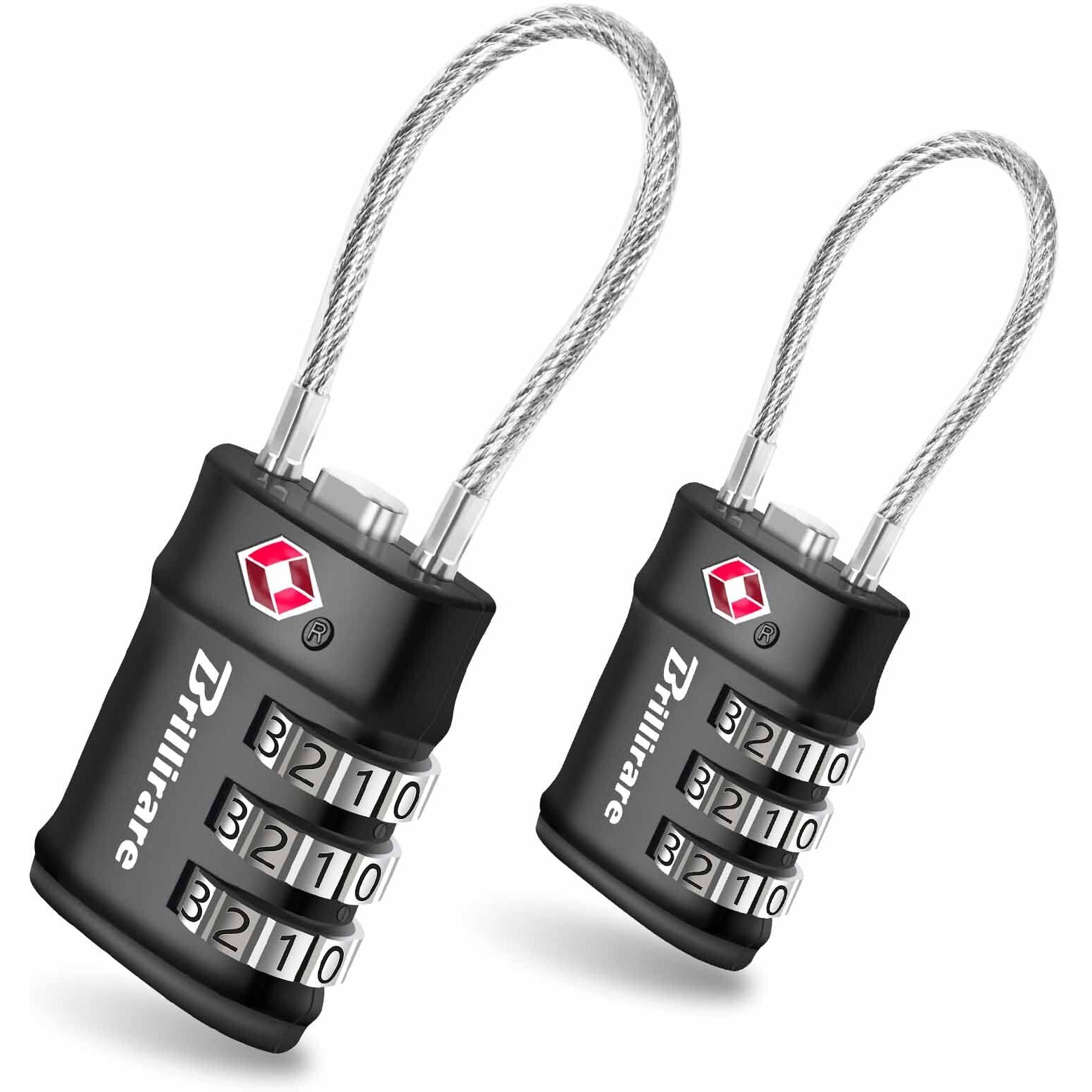 2 Pack Tsa Approved Luggage Locks, Combination Travel Cable Lock, 3-Digit Waterproof Padlock, Zinc Alloy Outdoor Keyless Resettable Lock For Travel, Lockers, Bags, Backpack, Gym, Gate-By Brillirare
