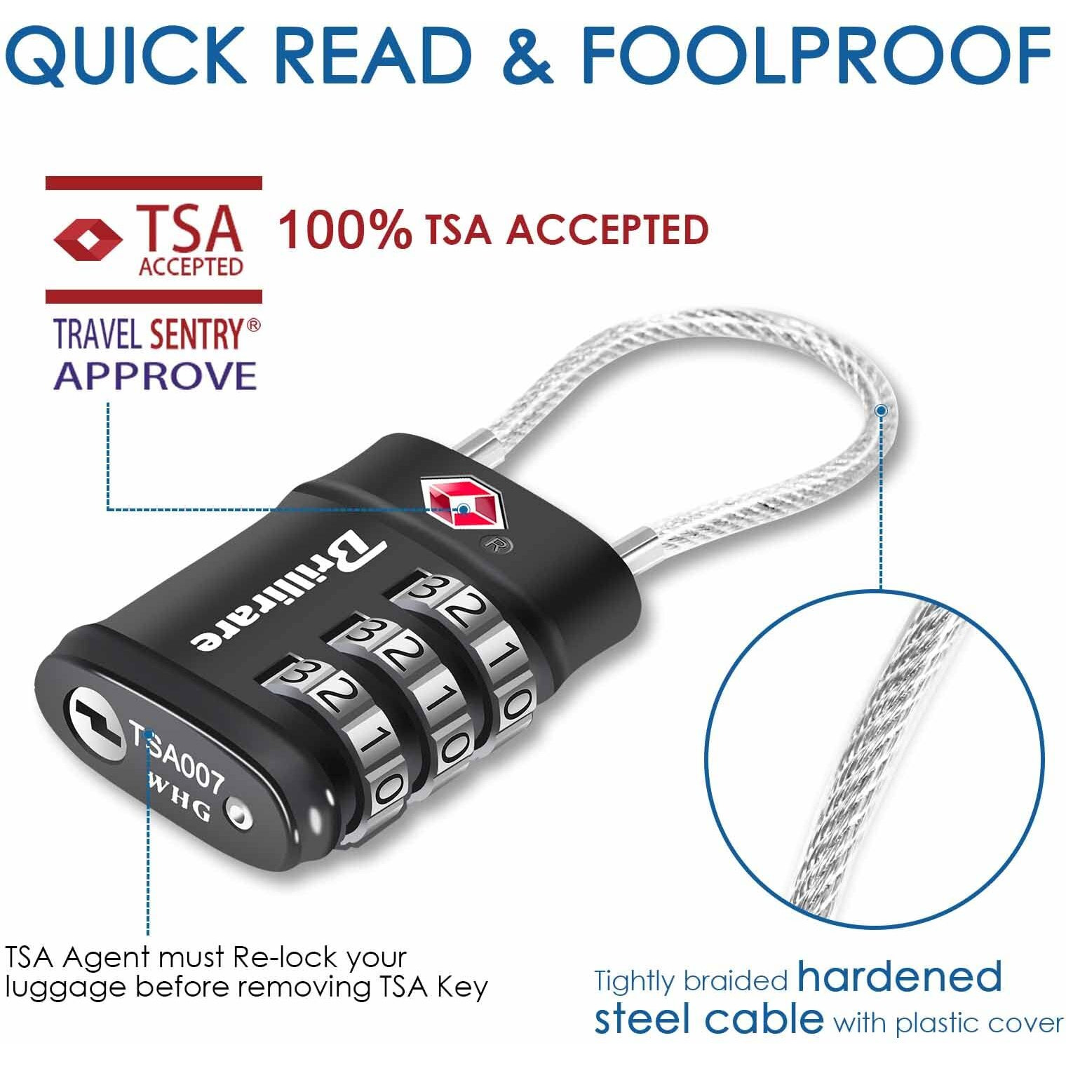 2 Pack Tsa Approved Luggage Locks, Combination Travel Cable Lock, 3-Digit Waterproof Padlock, Zinc Alloy Outdoor Keyless Resettable Lock For Travel, Lockers, Bags, Backpack, Gym, Gate-By Brillirare