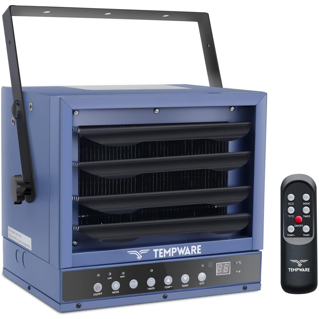 Tempware Electric Garage Heater, 7500-Watt Digital Fan-Forced Ceiling Mount Shop Heater With Full-Function Remote, 240-Volt Hardwired Heater With 12-Hour Timer, Ideal For Workshop