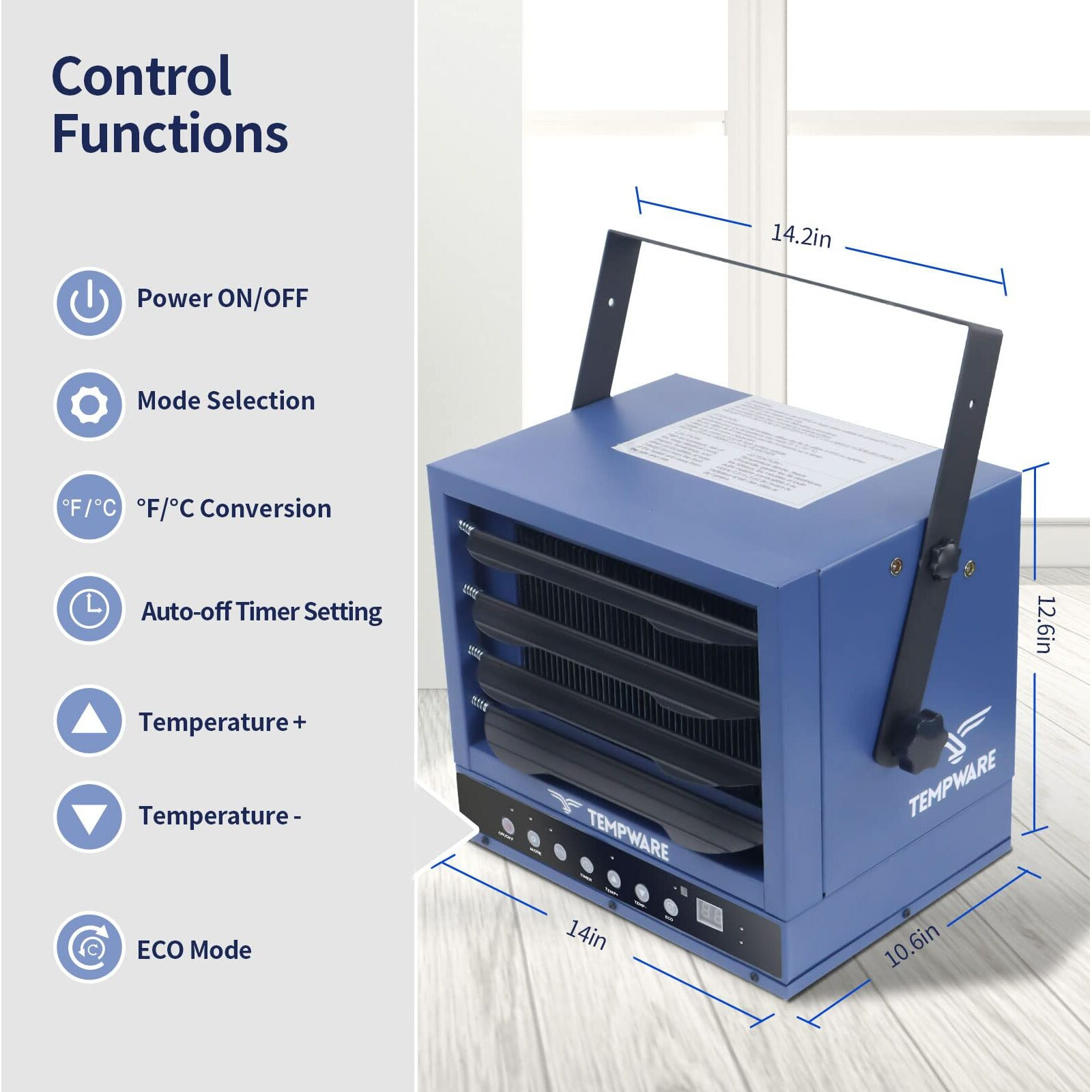 Tempware Electric Garage Heater, 7500-Watt Digital Fan-Forced Ceiling Mount Shop Heater With Full-Function Remote, 240-Volt Hardwired Heater With 12-Hour Timer, Ideal For Workshop