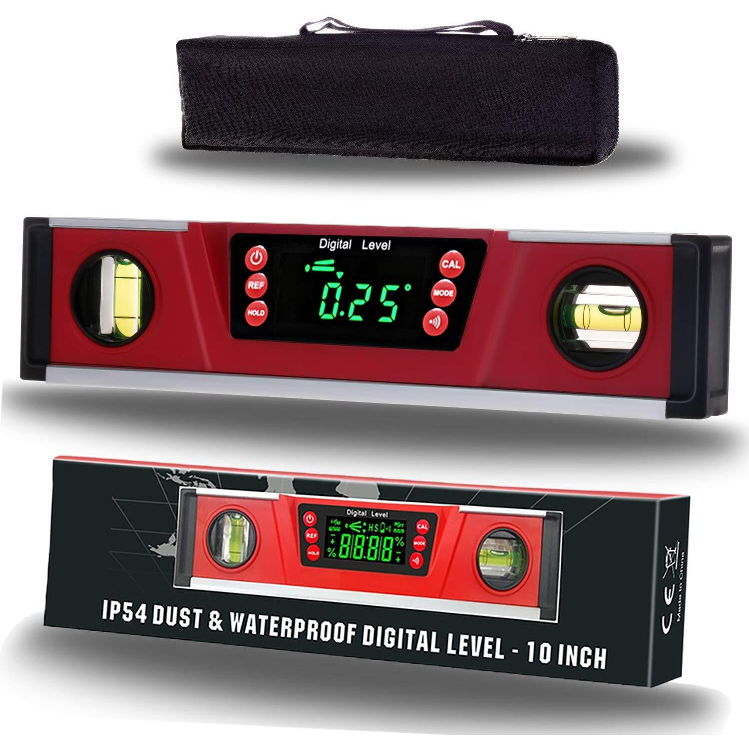 10-Inch Digital Torpedo Level And Protractor | Neodymium Magnets | Bright Led Display | V-Groove Magnetic Base | Ip54 Dust/Water Resistant Smart Level With Carrying Bag