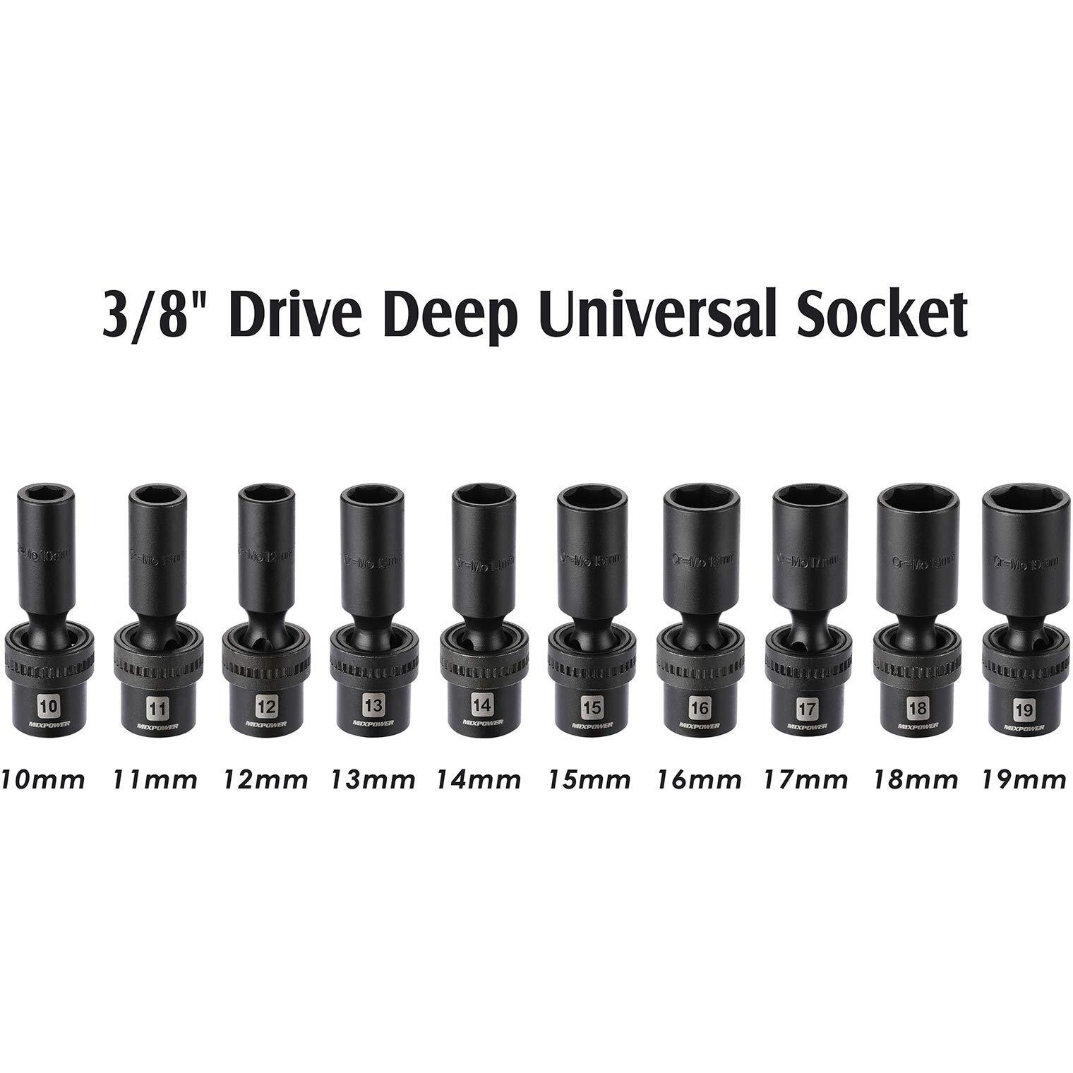 Mixpower 10-Piece 3/8"" Drive Deep Universal Impact Socket Set, 6 Point, Metric, 10-19 Mm, Swivel Socket With Flexible Wobble, Cr-Mo Impact Grade