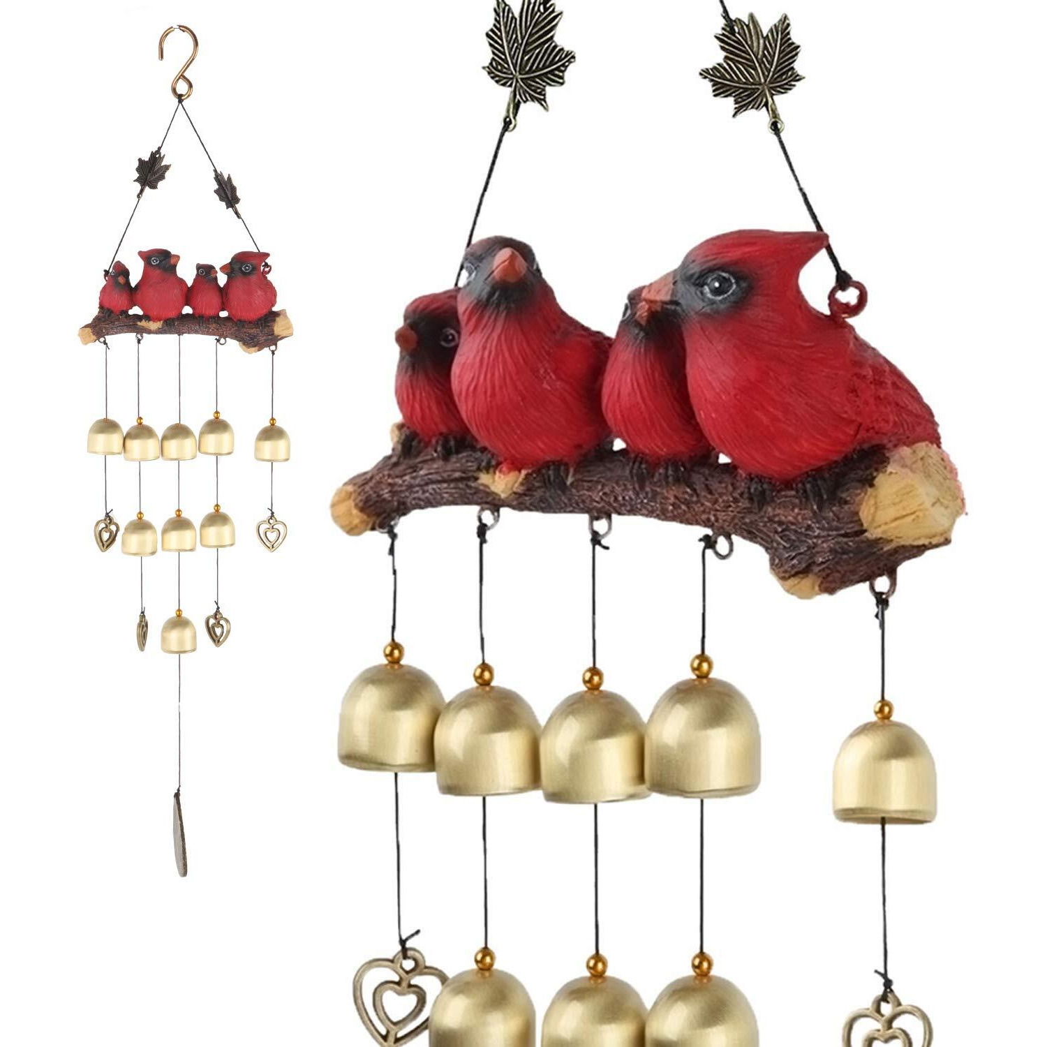 Gardenvy Cardinal Bird Wind Chime, Red Bird Bell Wind Chimes Outdoor Decorations, Garden Backyard Church Hanging Decor, Red
