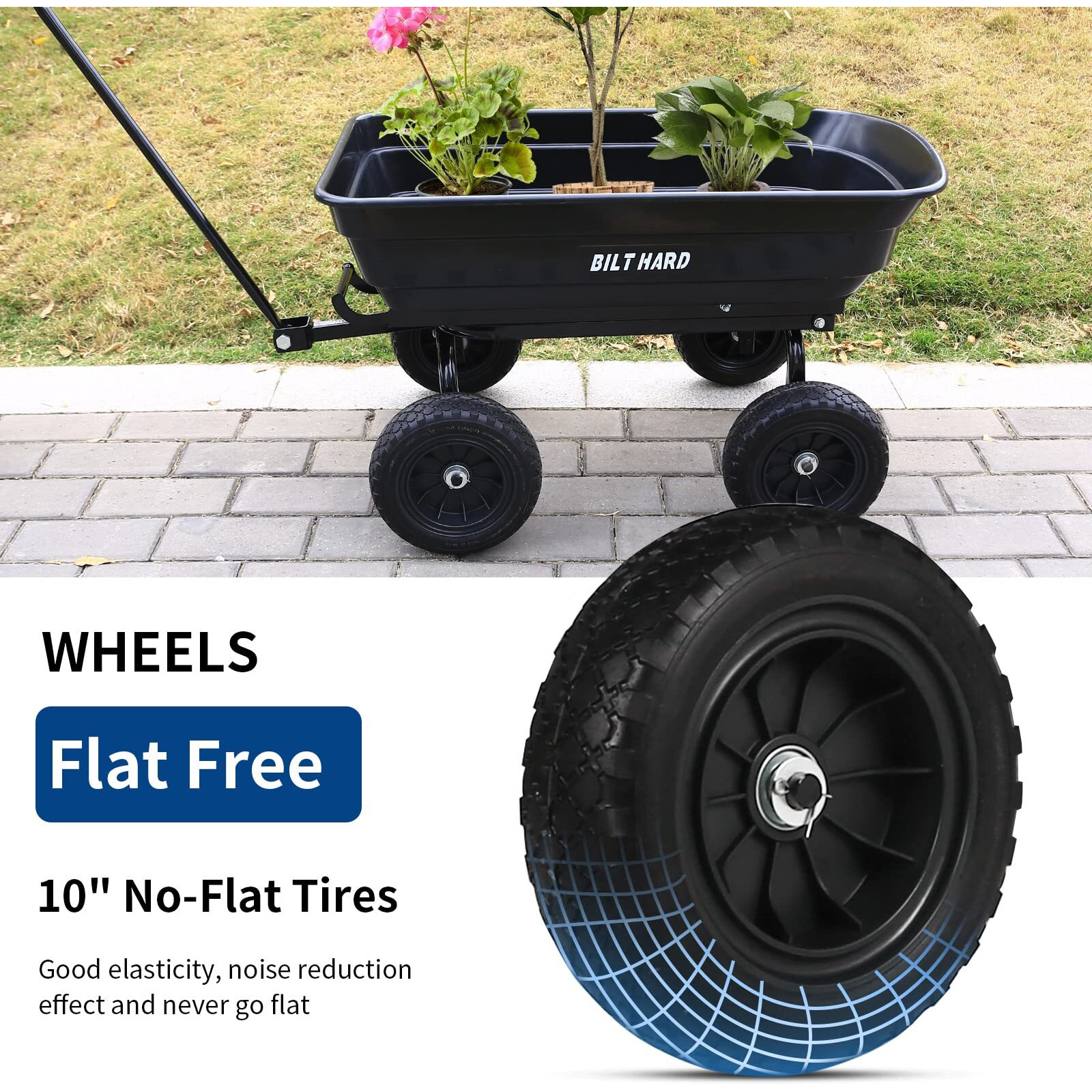Bilt Hard 4 Cu.Ft. 10 "" No-Flat Tires Poly Yard Dump Cart With 180 Rotating Handle, 600 Lbs Capacity Heavy Duty Garden Carts And Wagons