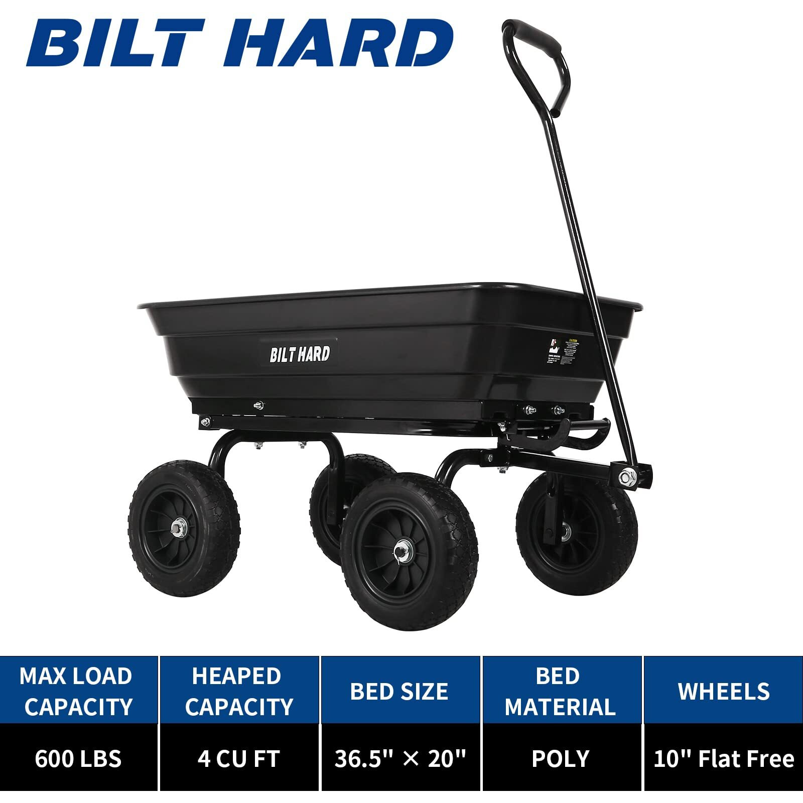 Bilt Hard 4 Cu.Ft. 10 "" No-Flat Tires Poly Yard Dump Cart With 180 Rotating Handle, 600 Lbs Capacity Heavy Duty Garden Carts And Wagons