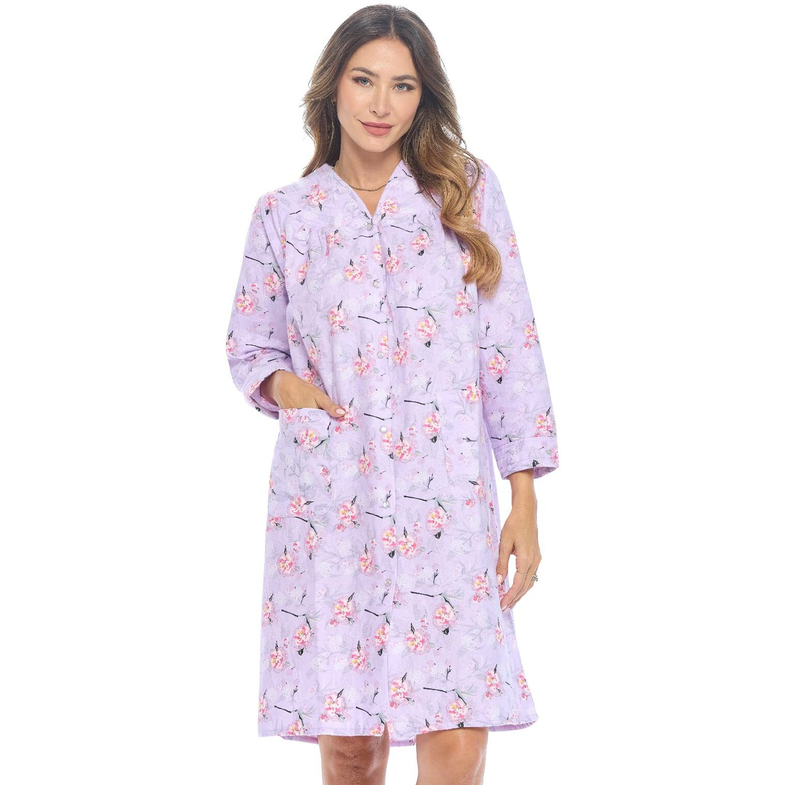 Casual Nights Women's Floral Snap Front Flannel Duster Long Sleeve Lounger Dress - Purple Floral - Plus Size 2X