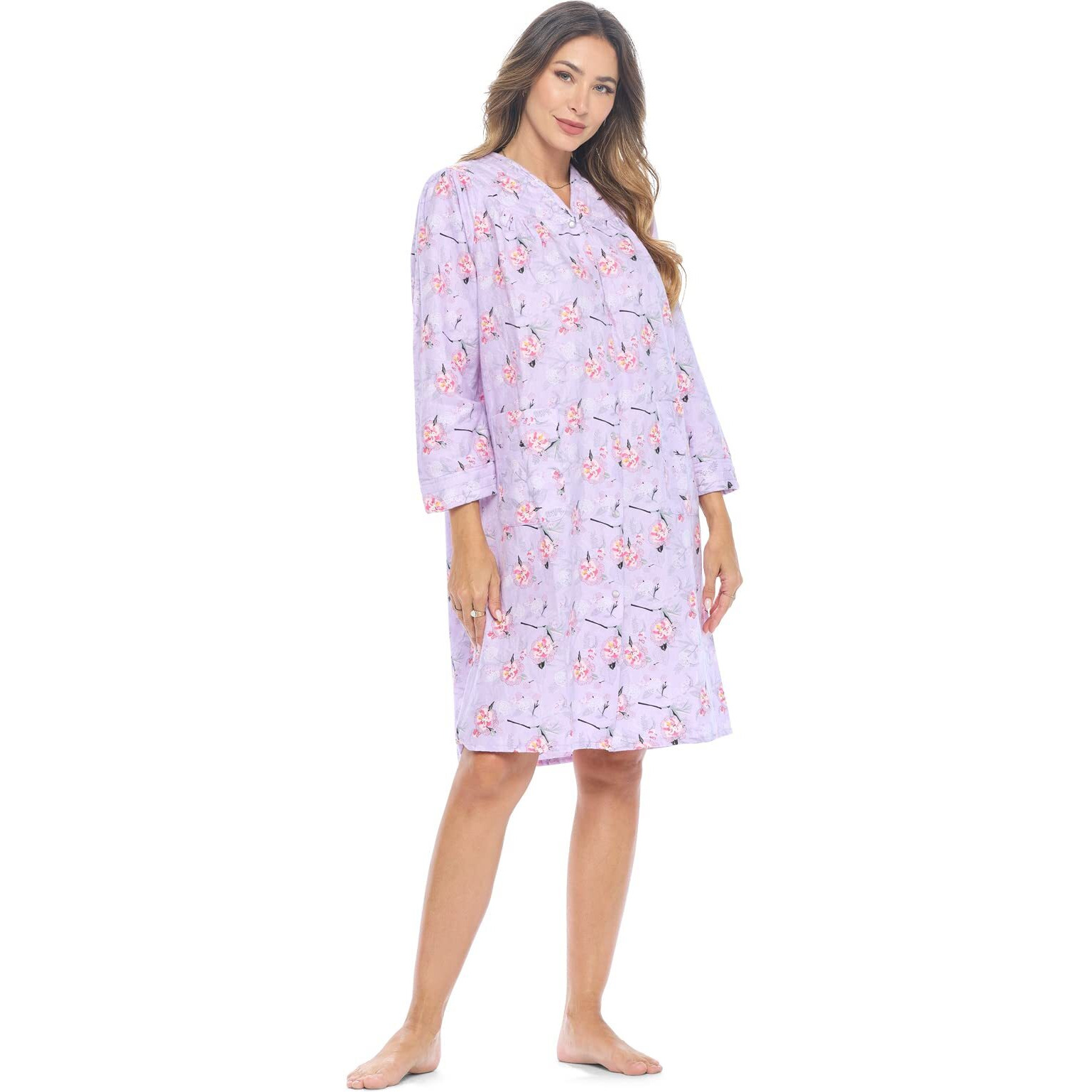 Casual Nights Women's Floral Snap Front Flannel Duster Long Sleeve Lounger Dress - Purple Floral - Plus Size 2X