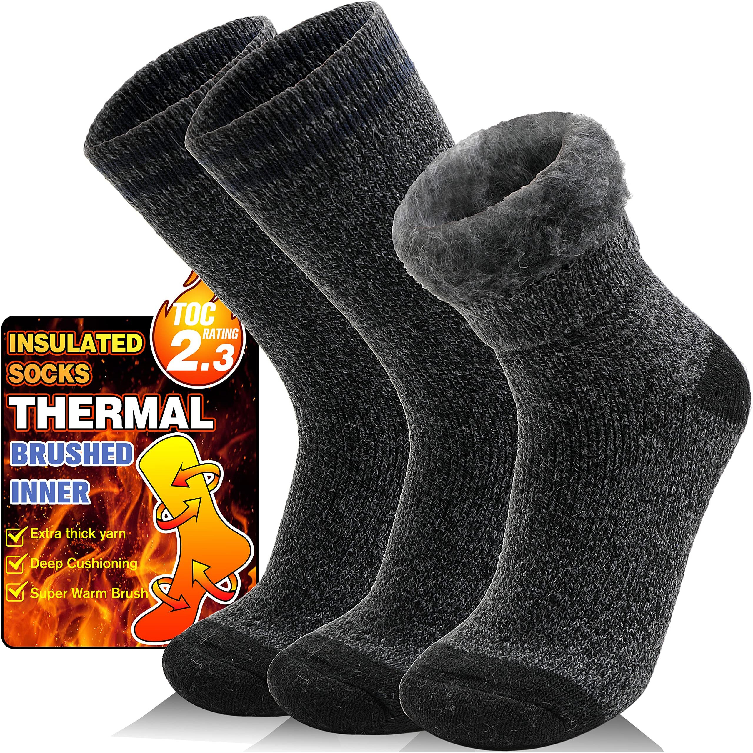 Welwoos Heated Thermal Socks For Men & Women Warm Winter Ski Thick Boot Insulated Gift Stocking Stuffers Socks 3 Pairs (Black Stripe,L)
