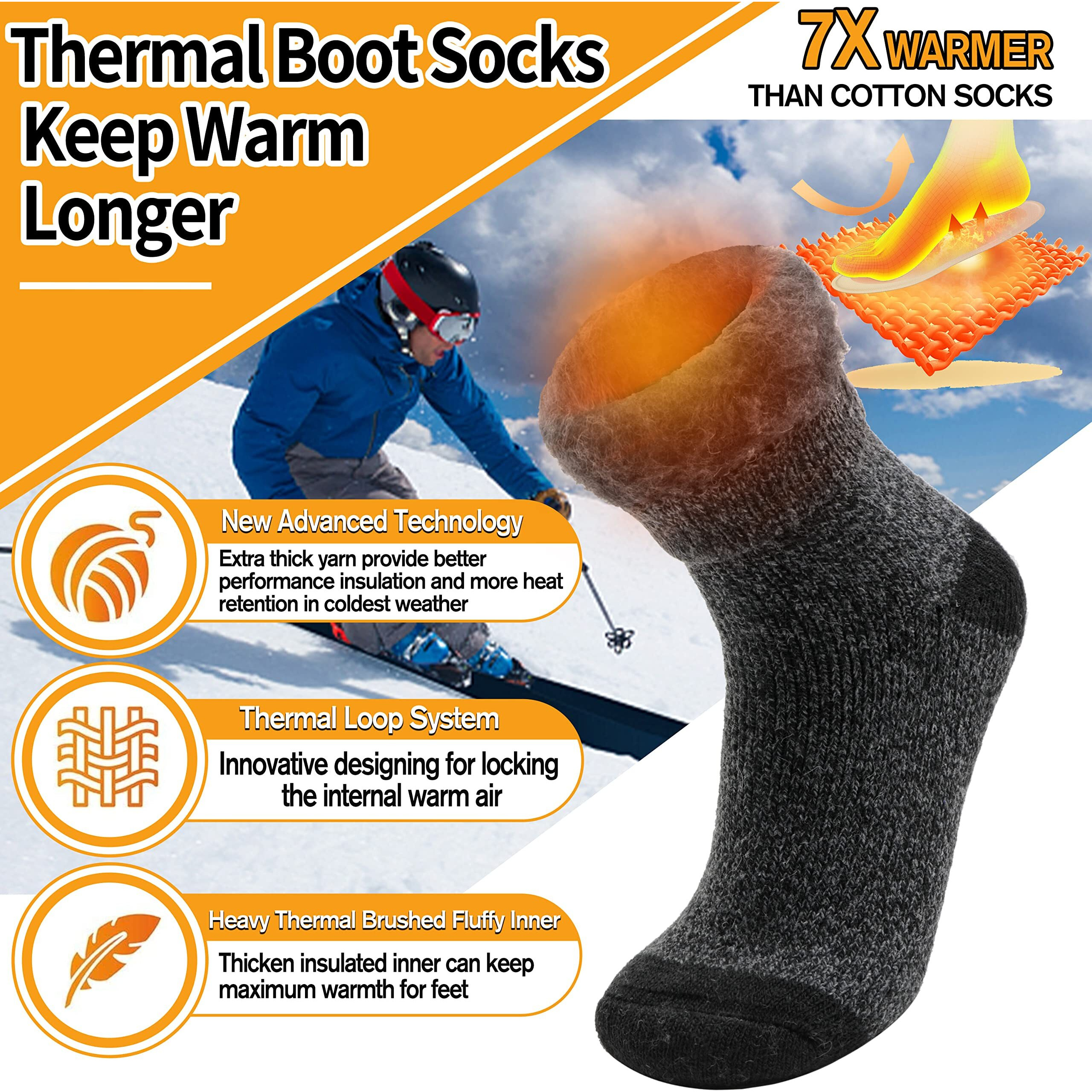 Welwoos Heated Thermal Socks For Men & Women Warm Winter Ski Thick Boot Insulated Gift Stocking Stuffers Socks 3 Pairs (Black Stripe,L)