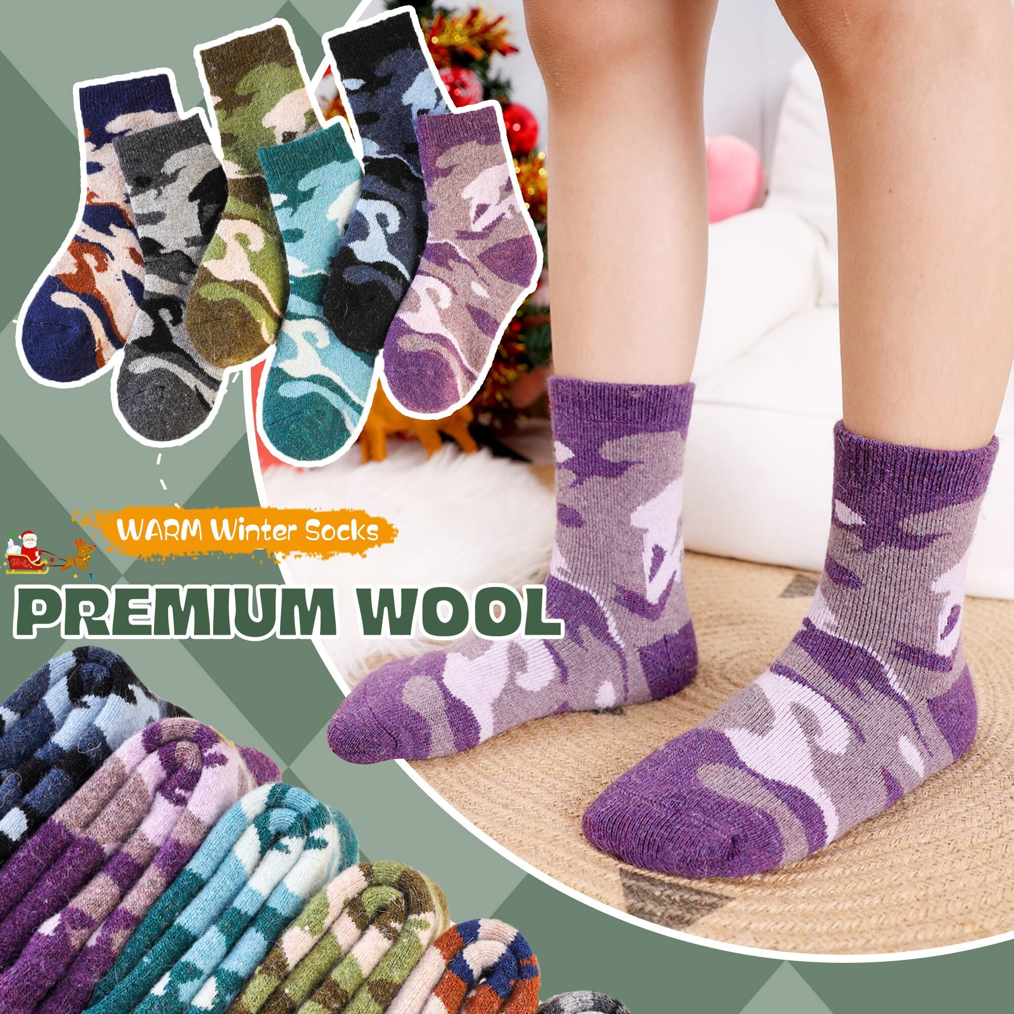 Children's Winter Warm Wool Solid Color Socks Kids Boy Girls Thermal Crew Socks 6 Pairs (6 Pairs Camouflage, 8-12 Years)